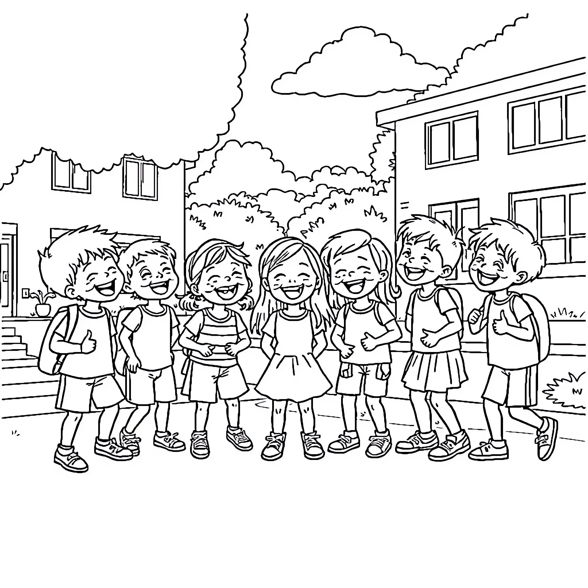 Child friends happily posing together at school Coloring Page (free black-and-white line drawing printable PDF for all, from beginners to advanced learners, including children, teens, adults, and seniors)