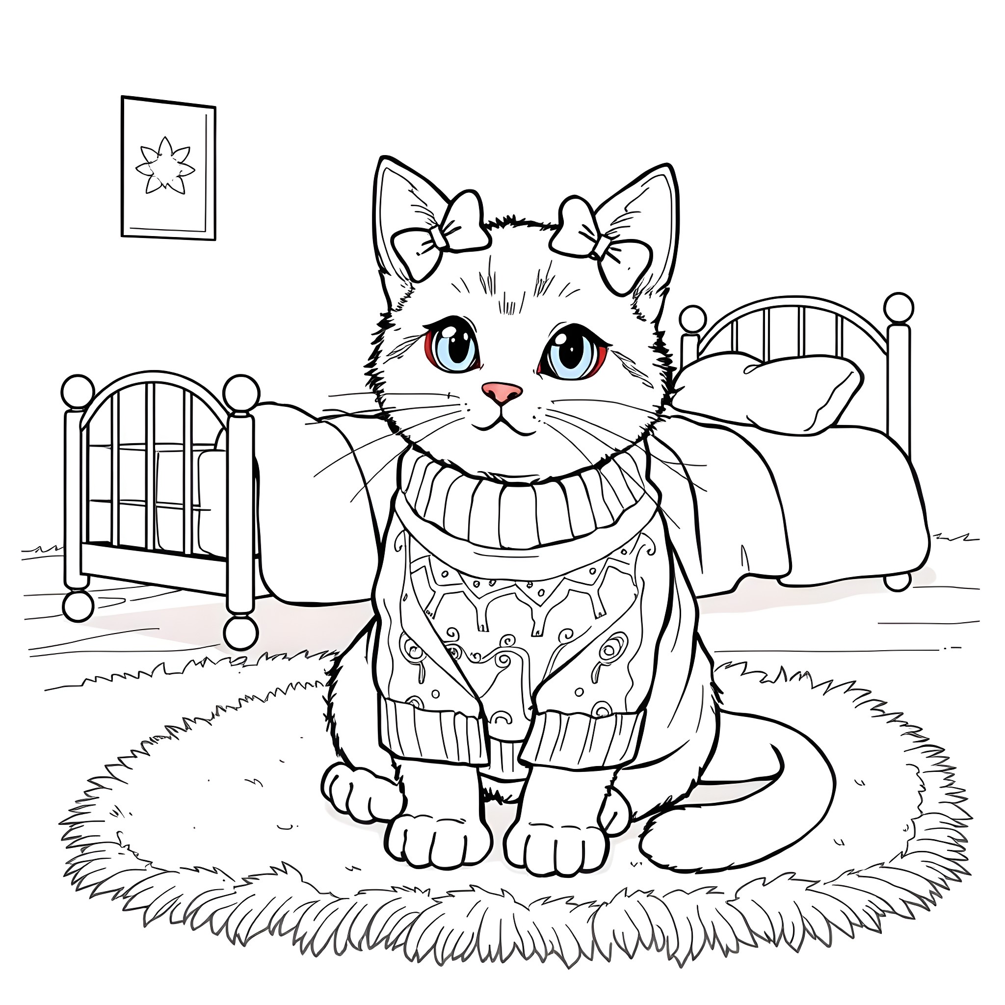 Cat in cozy bedroom attire Coloring Page (free black-and-white line drawing printable PDF for all, from beginners to advanced learners, including children, teens, adults, and seniors)
