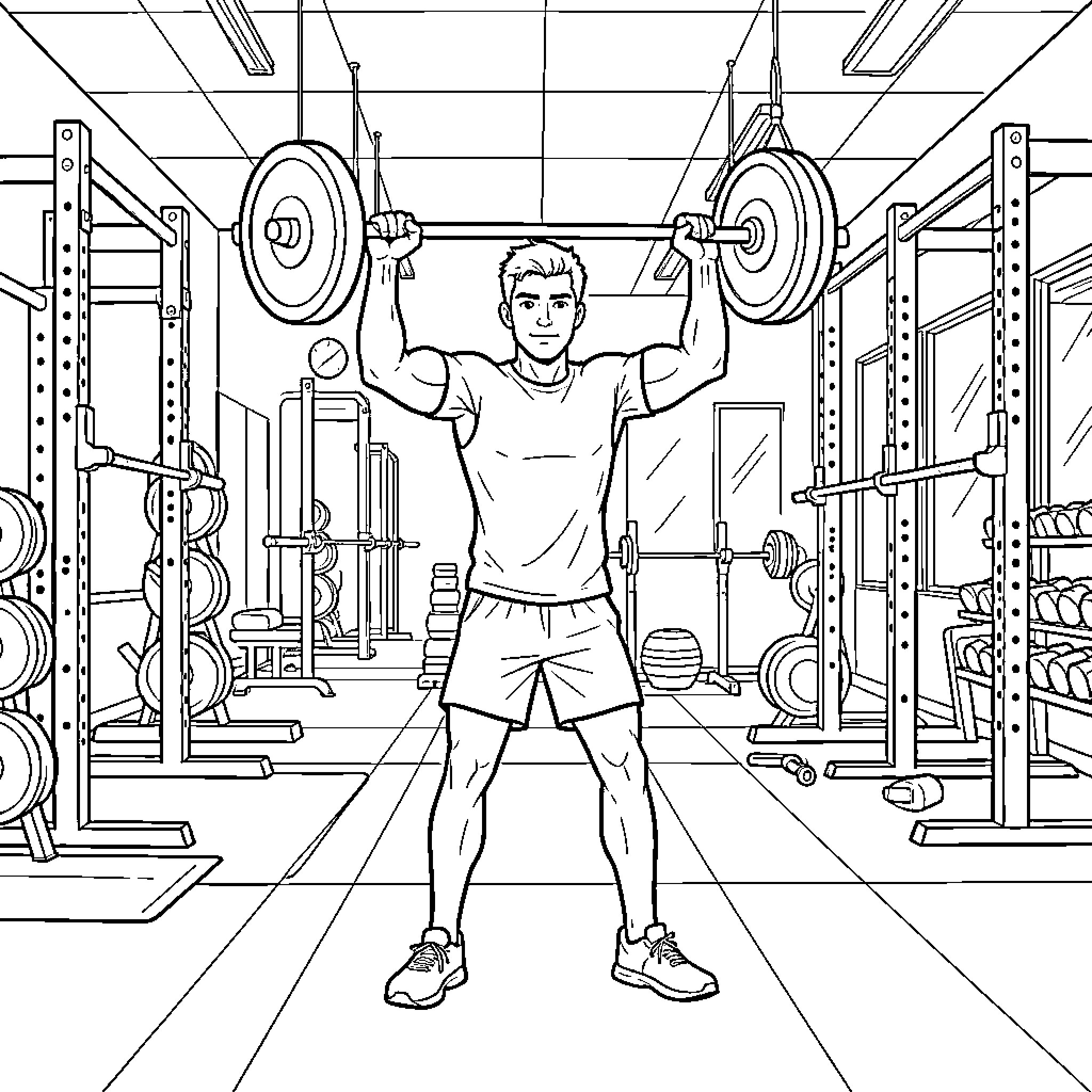 Young Man Lifting Weights in Gym Coloring Page (free black-and-white line drawing printable PDF for all, from beginners to advanced learners, including children, teens, adults, and seniors)