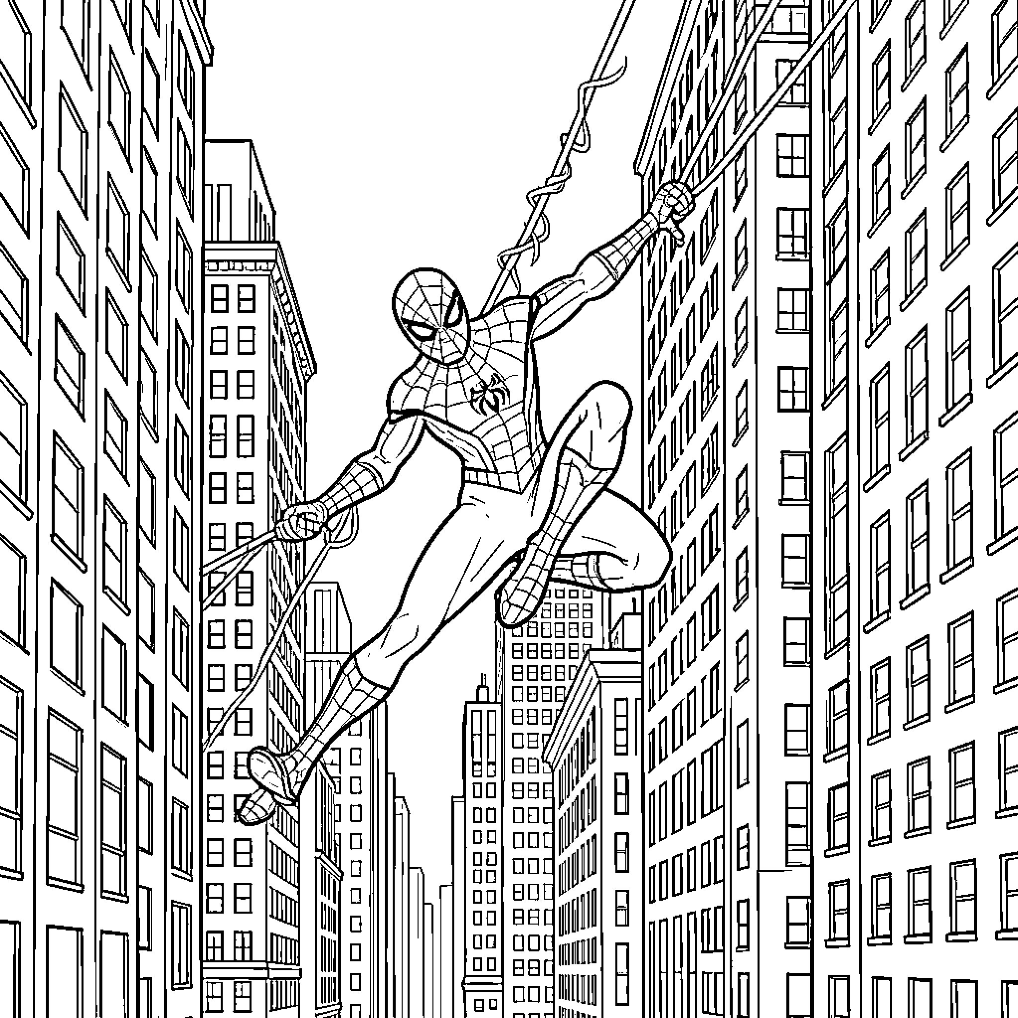 Spiderman swinging between skyscrapers in a city Coloring Page (free black-and-white line drawing printable PDF for all, from beginners to advanced learners, including children, teens, adults, and seniors)