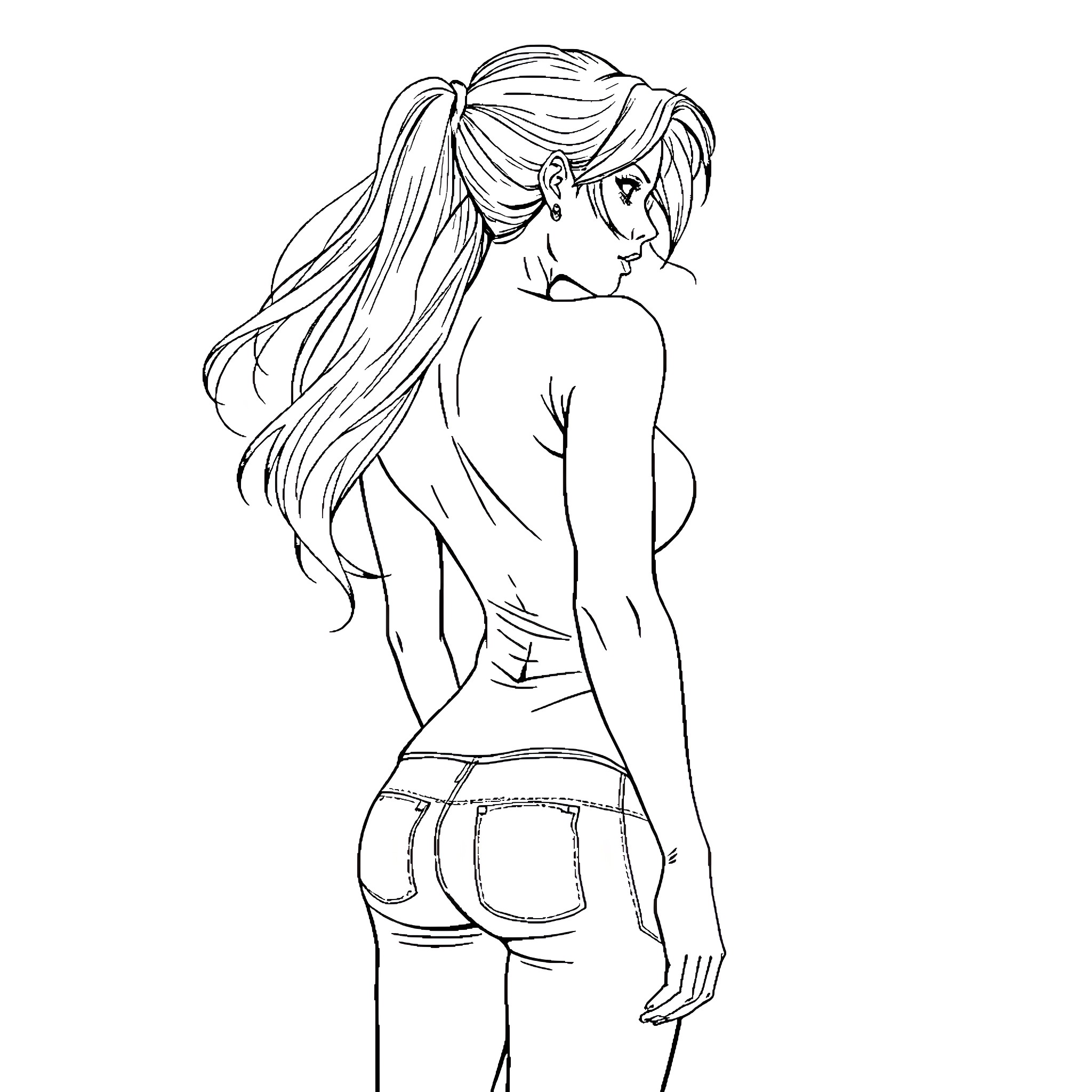 Asuka's Contemplative Pose Coloring Page (free black-and-white line drawing printable PDF for all, from beginners to advanced learners, including children, teens, adults, and seniors)
