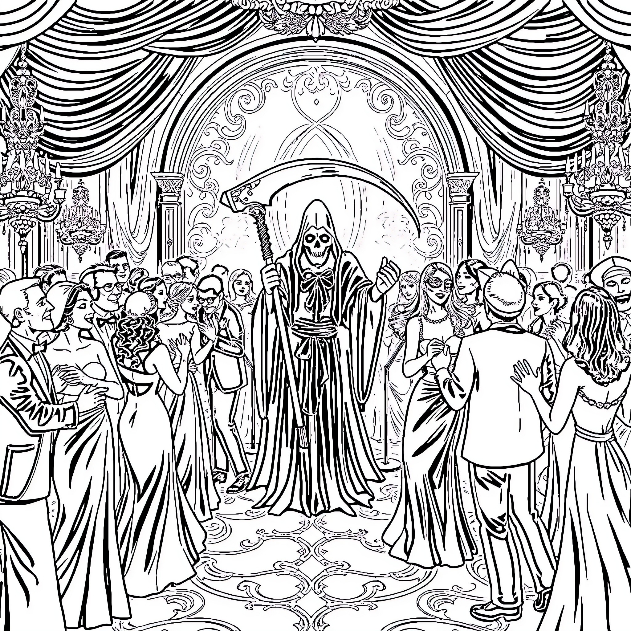 Grim Reaper presiding over an elegant masked ball Coloring Page (free black-and-white line drawing printable PDF for all, from beginners to advanced learners, including children, teens, adults, and seniors)