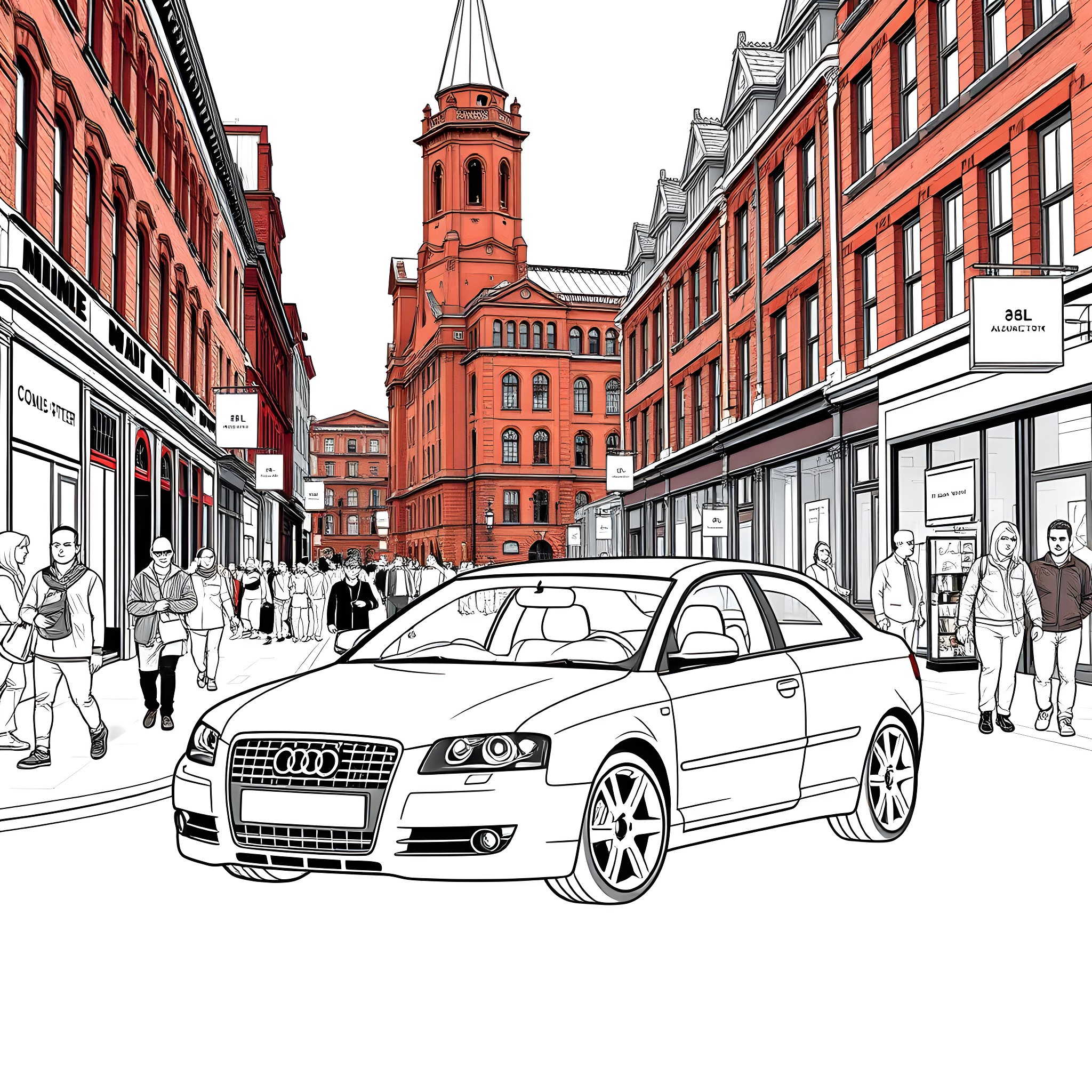 Audi car in a bustling city street Coloring Page (free black-and-white line drawing printable PDF for all, from beginners to advanced learners, including children, teens, adults, and seniors)