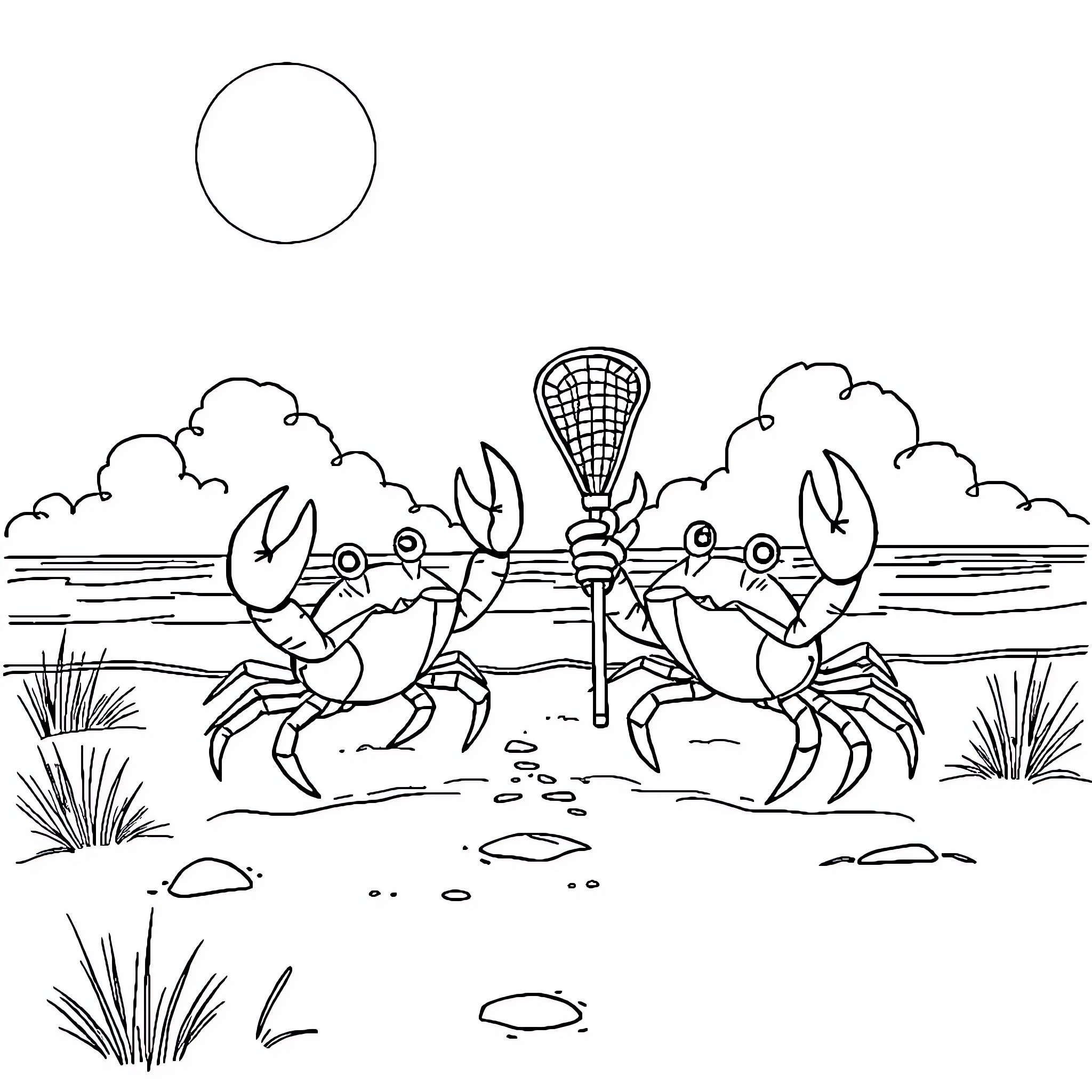 Crab Catching Butterflies on the Beach Coloring Page (free black-and-white line drawing printable PDF for all, from beginners to advanced learners, including children, teens, adults, and seniors)