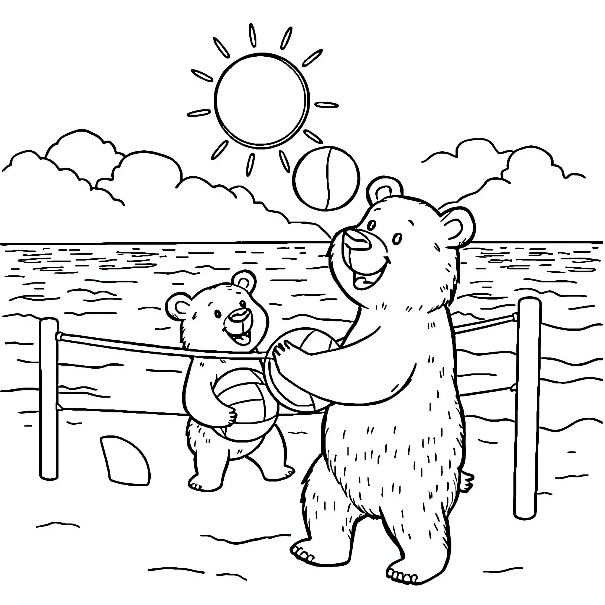 Bears enjoying a sunny day by the lake Coloring Page (free black-and-white line drawing printable PDF for all, from beginners to advanced learners, including children, teens, adults, and seniors)