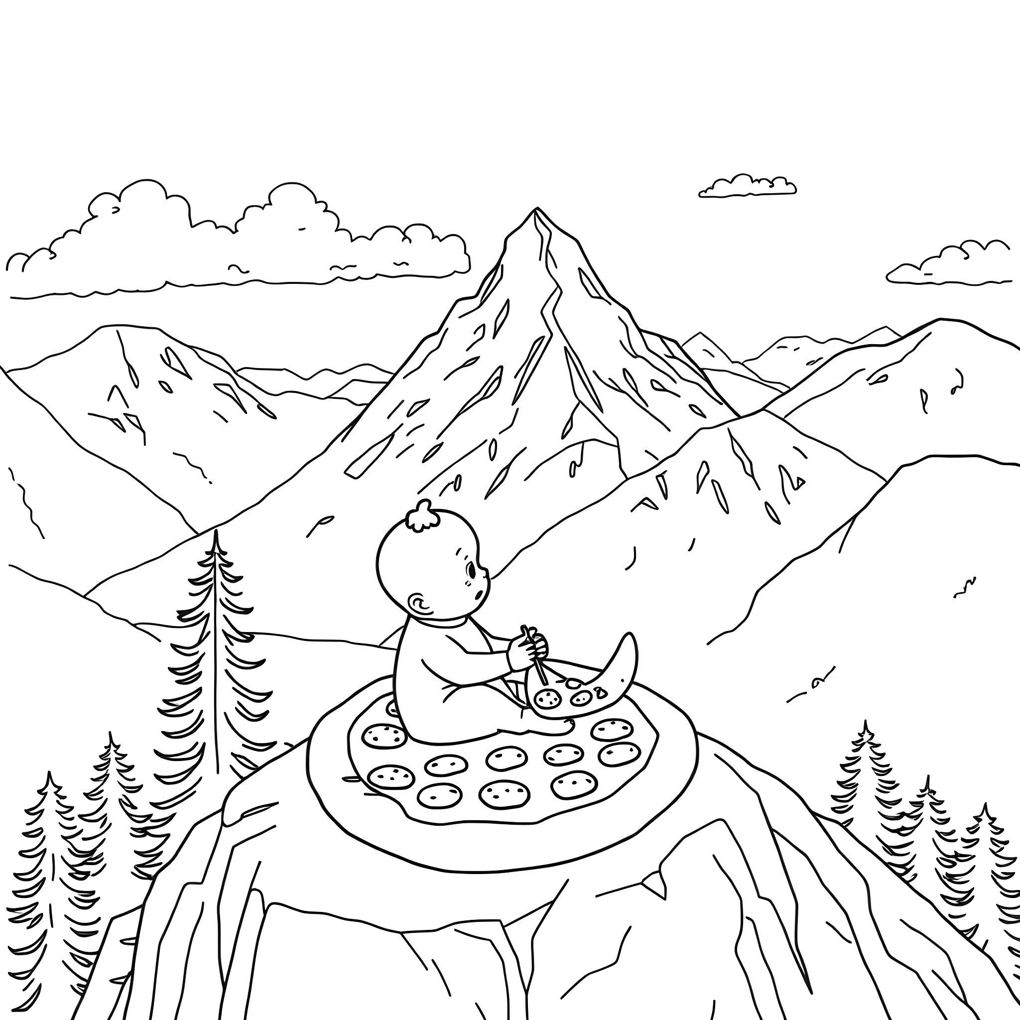 Pizza Picnic in the Peaceful Mountains Coloring Page (free black-and-white line drawing printable PDF for all, from beginners to advanced learners, including children, teens, adults, and seniors)