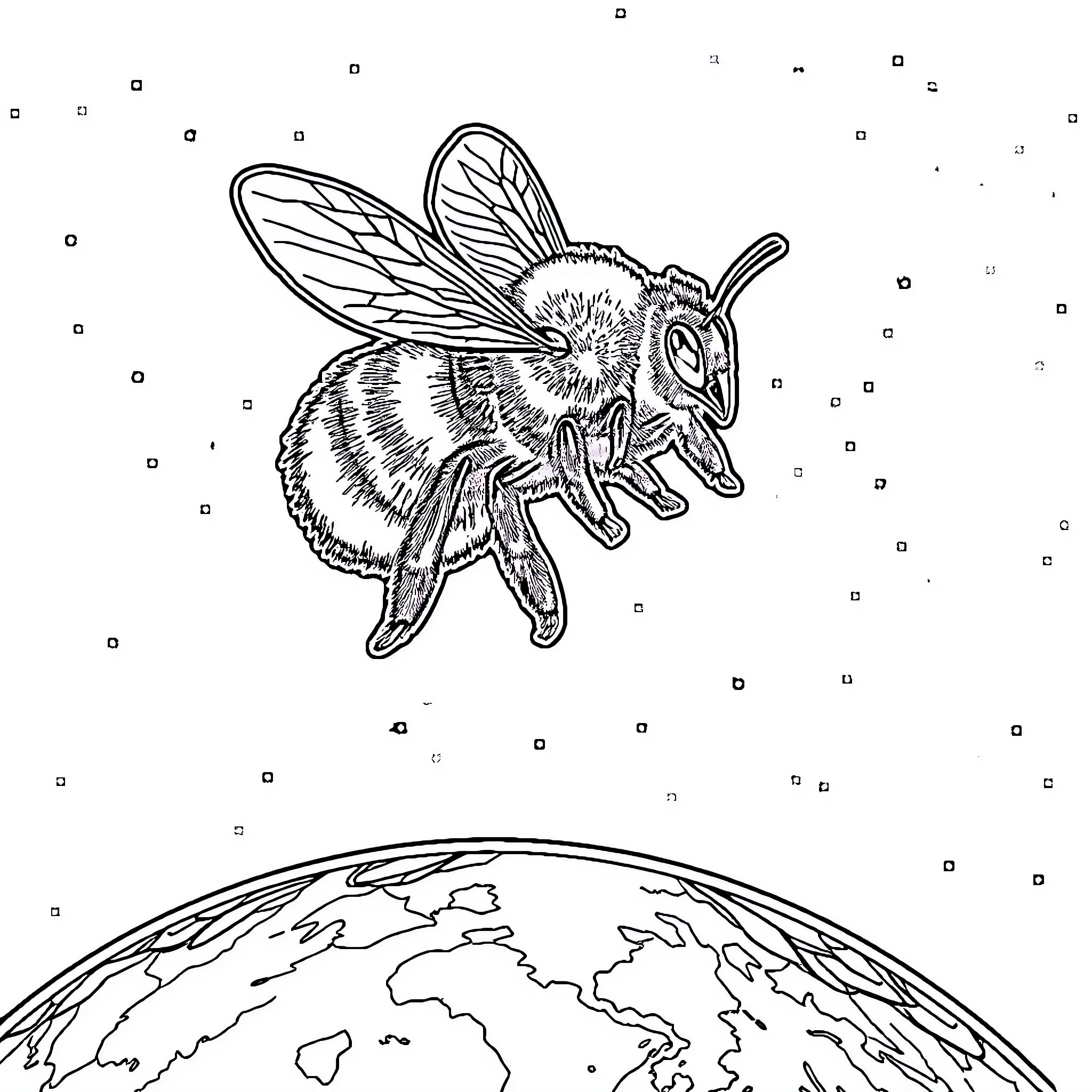 Bumblebee soaring over the globe Coloring Page (free black-and-white line drawing printable PDF for all, from beginners to advanced learners, including children, teens, adults, and seniors)