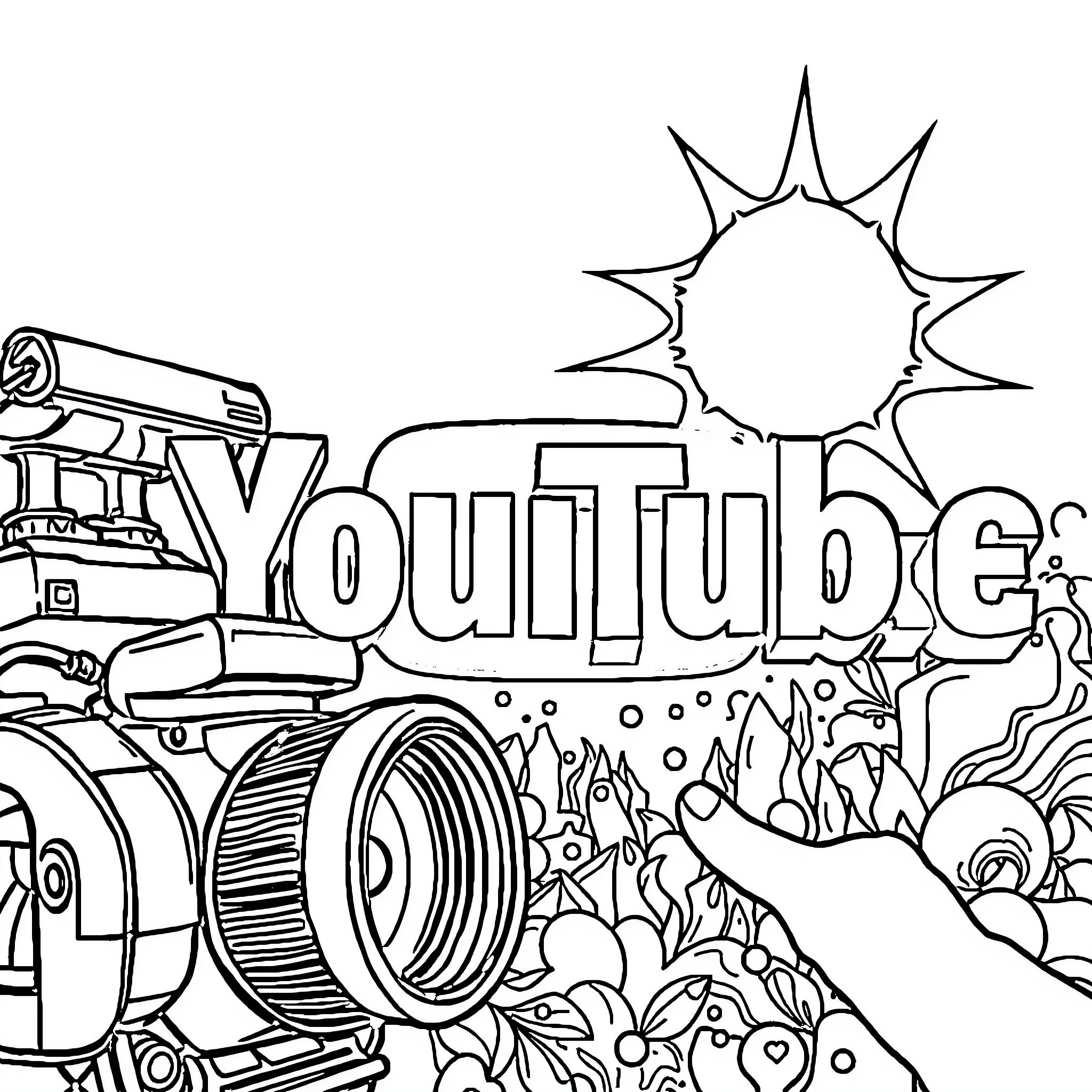 YouTube Camera Capturing Vibrant Scenery Coloring Page (free black-and-white line drawing printable PDF for all, from beginners to advanced learners, including children, teens, adults, and seniors)