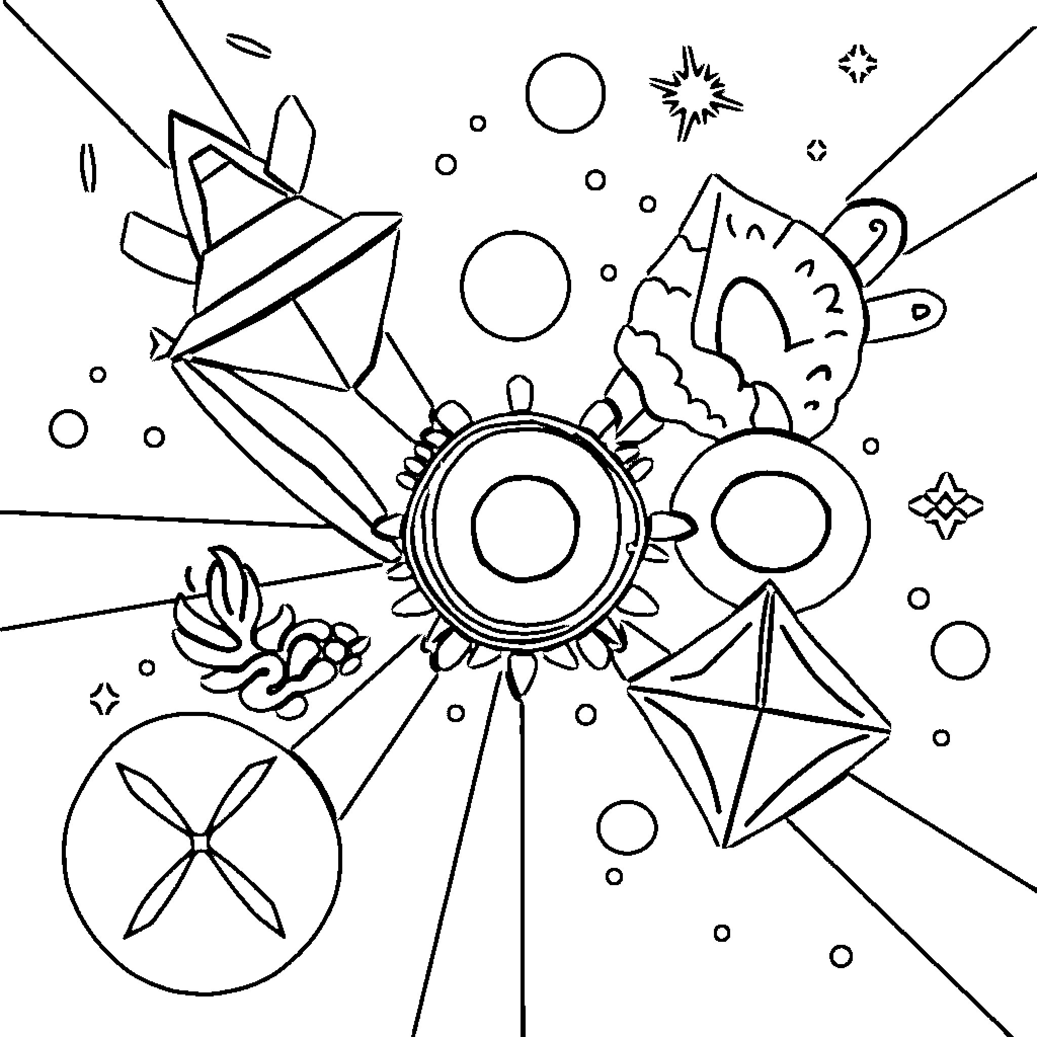Retro abstract shapes and patterns Coloring Page (free black-and-white line drawing printable PDF for all, from beginners to advanced learners, including children, teens, adults, and seniors)