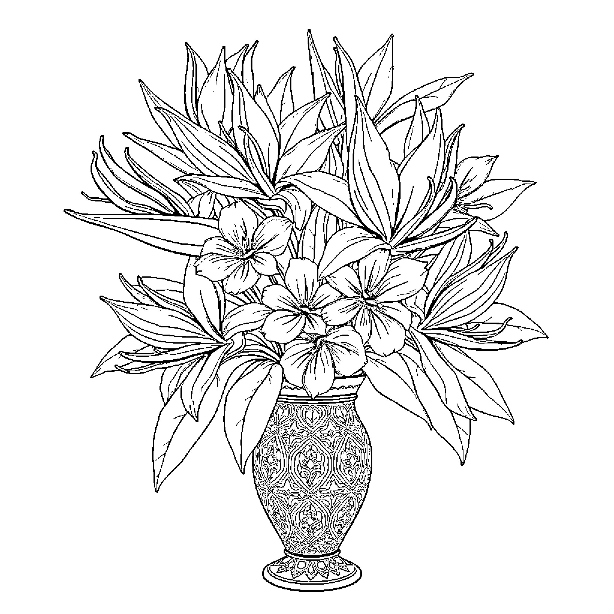 Bird bouquet in ornate vase Coloring Page (free black-and-white line drawing printable PDF for all, from beginners to advanced learners, including children, teens, adults, and seniors)