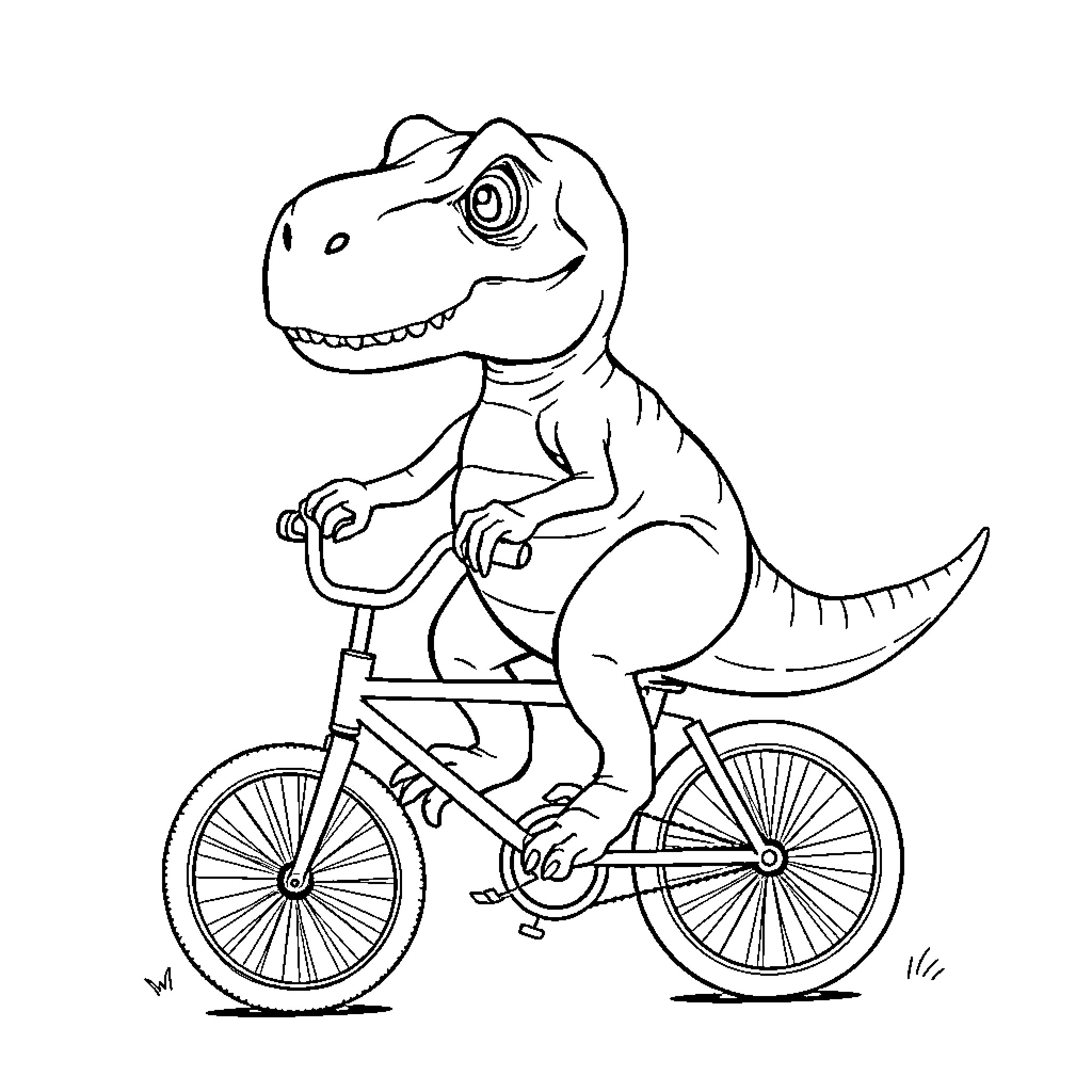T-Rex riding a bicycle in the park Coloring Page (free black-and-white line drawing printable PDF for all, from beginners to advanced learners, including children, teens, adults, and seniors)