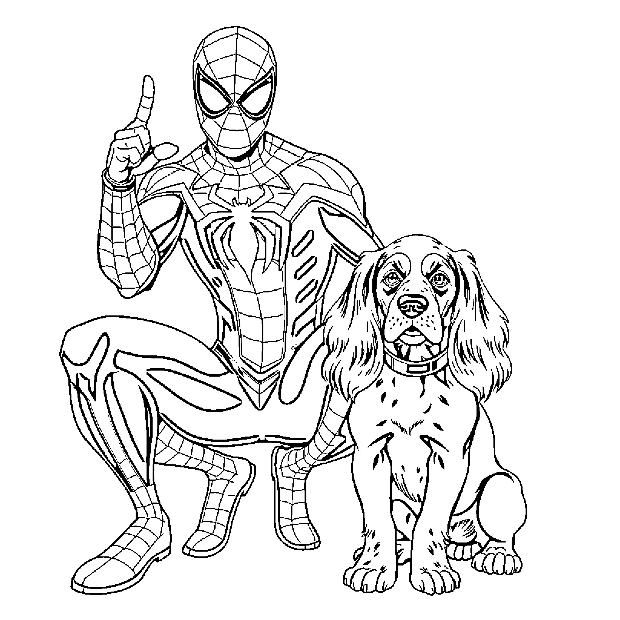 Spiderman with his canine companion Coloring Page (free black-and-white line drawing printable PDF for all, from beginners to advanced learners, including children, teens, adults, and seniors)