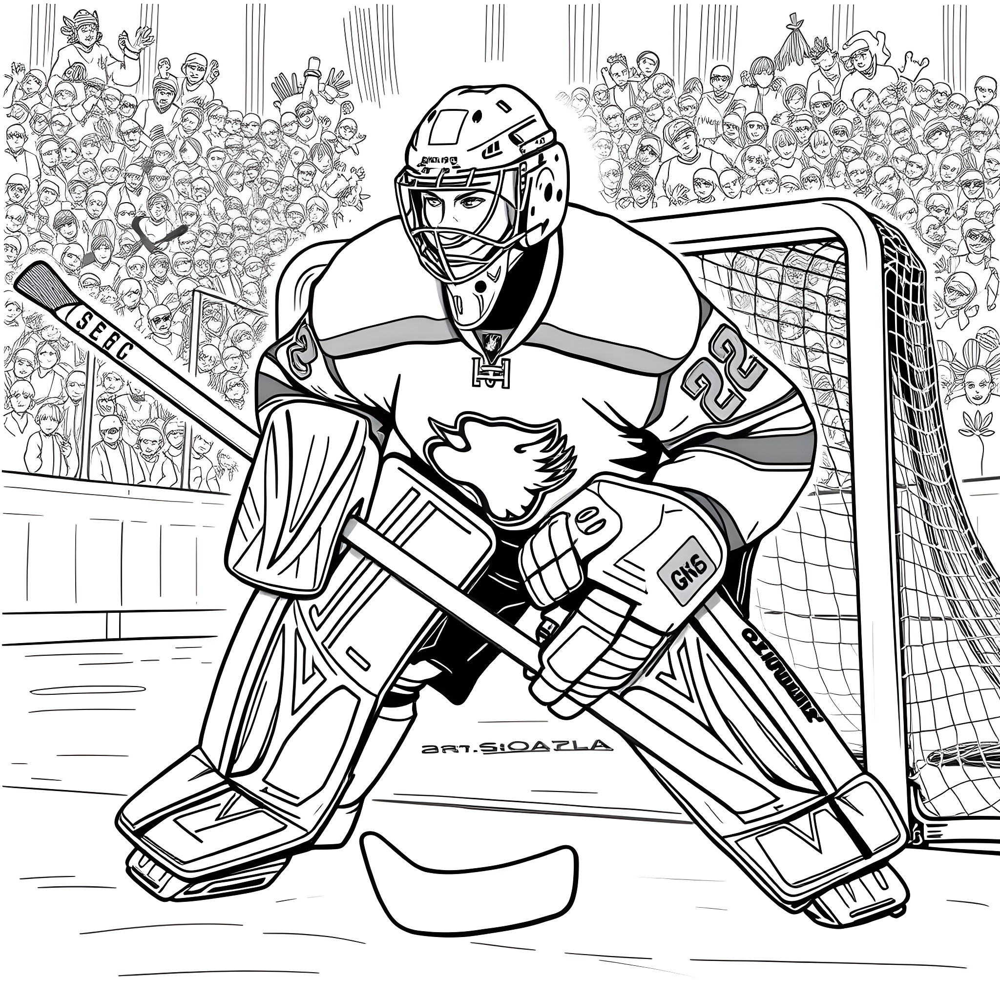 Hockey Goalie Guarding the Net in a Crowded Stadium Coloring Page (free black-and-white line drawing printable PDF for all, from beginners to advanced learners, including children, teens, adults, and seniors)
