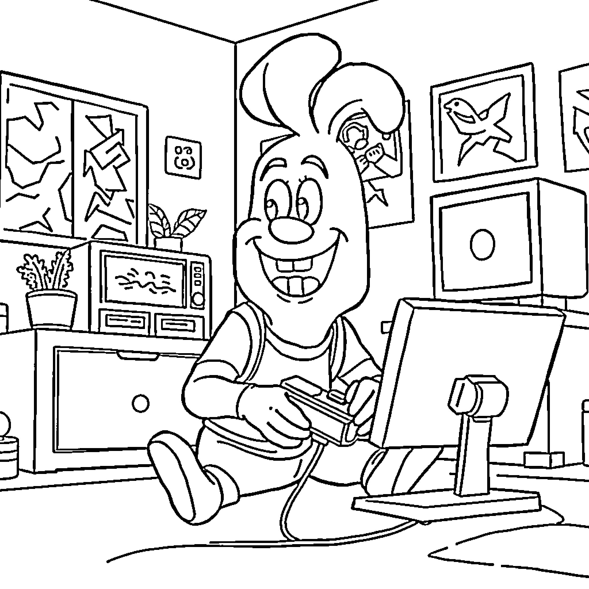 Peely sitting in a room, playing a video game Coloring Page (free black-and-white line drawing printable PDF for all, from beginners to advanced learners, including children, teens, adults, and seniors)