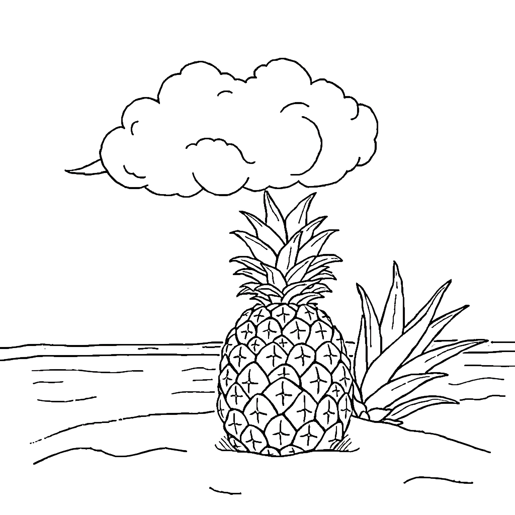 Cloud of imagination with a pineapple by the sea Coloring Page (free black-and-white line drawing printable PDF for all, from beginners to advanced learners, including children, teens, adults, and seniors)
