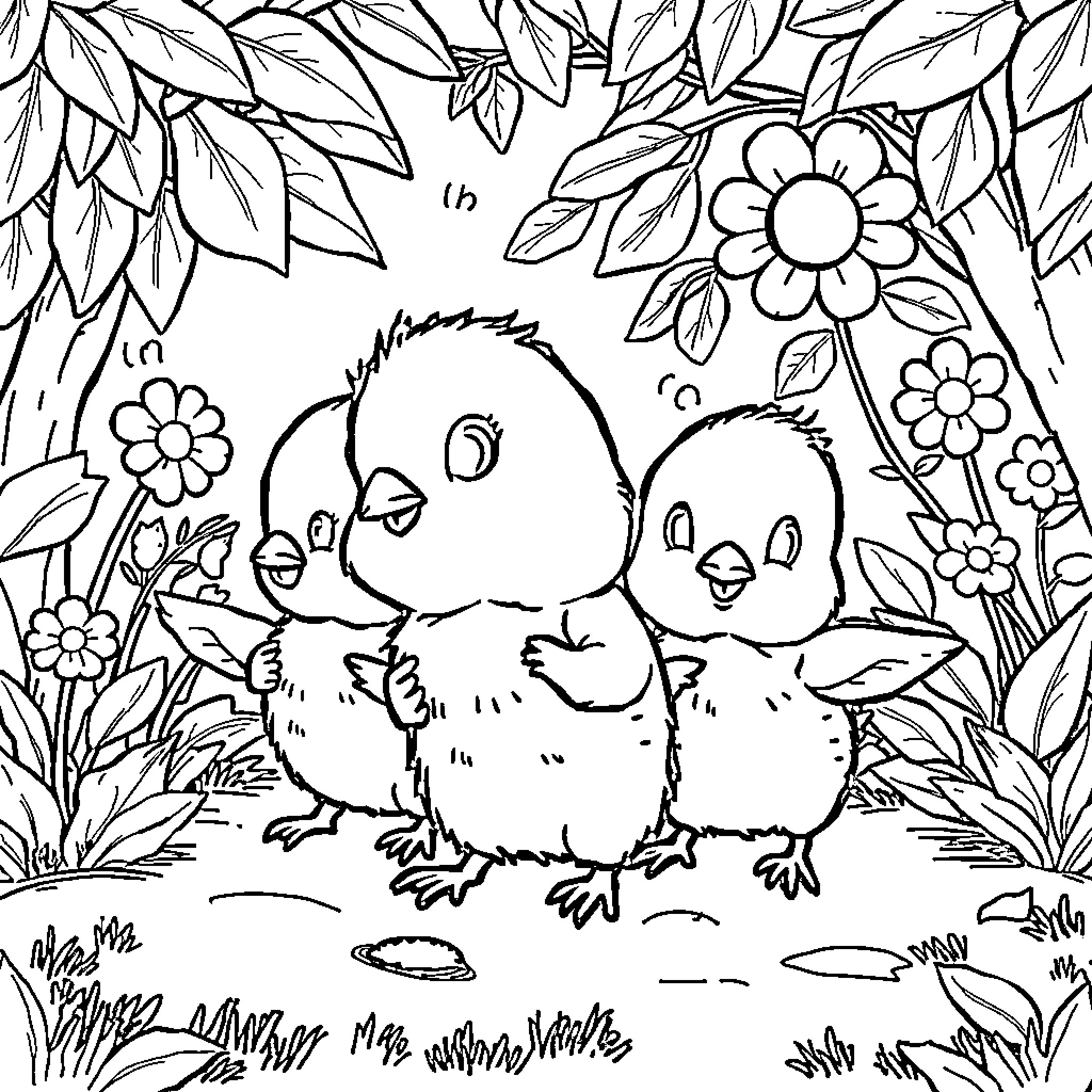 Animal chicks enjoying nature among flowers Coloring Page (free black-and-white line drawing printable PDF for all, from beginners to advanced learners, including children, teens, adults, and seniors)