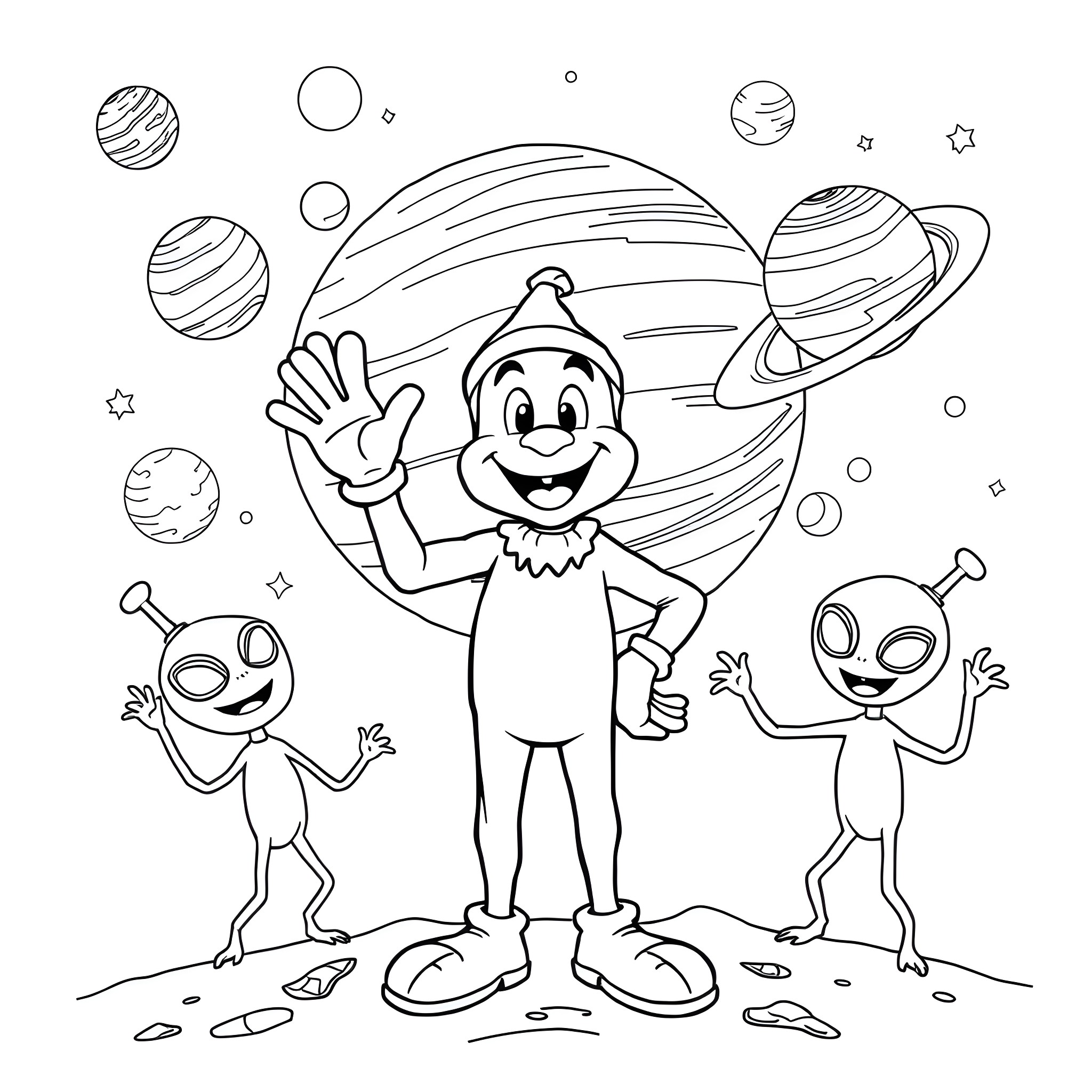 Dandy Alien Explorers in Outer Space Coloring Page (free black-and-white line drawing printable PDF for all, from beginners to advanced learners, including children, teens, adults, and seniors)