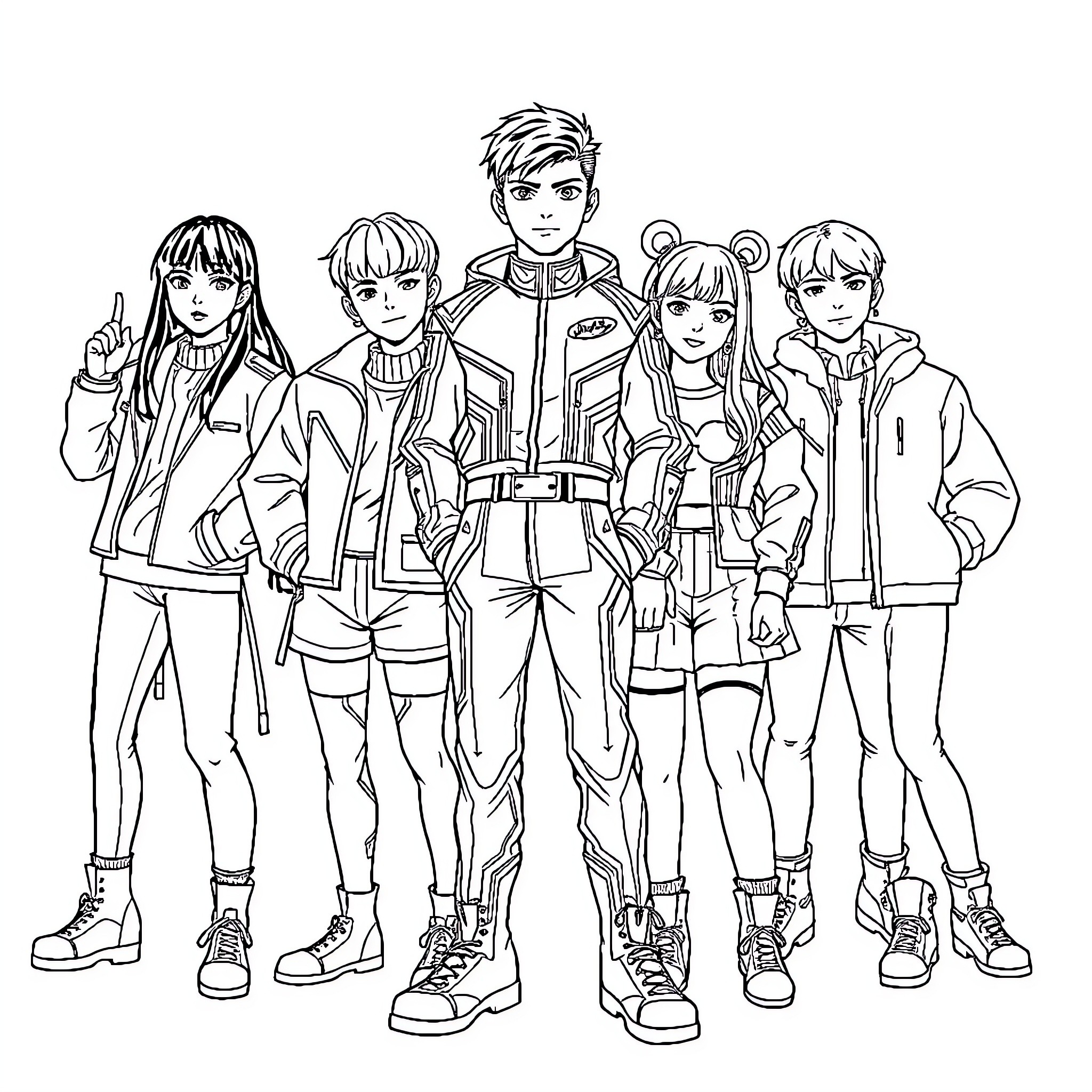 KPop Characters in stylish outfits and poses Coloring Page (free black-and-white line drawing printable PDF for all, from beginners to advanced learners, including children, teens, adults, and seniors)