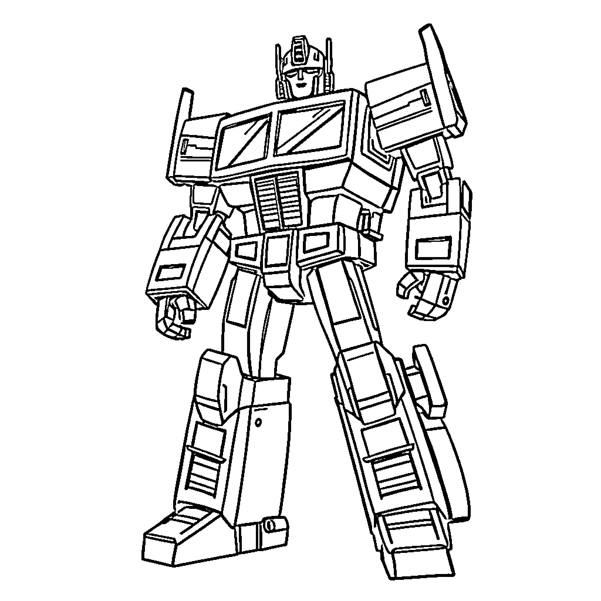 Optimus Prime standing ready for action Coloring Page (free black-and-white line drawing printable PDF for all, from beginners to advanced learners, including children, teens, adults, and seniors)