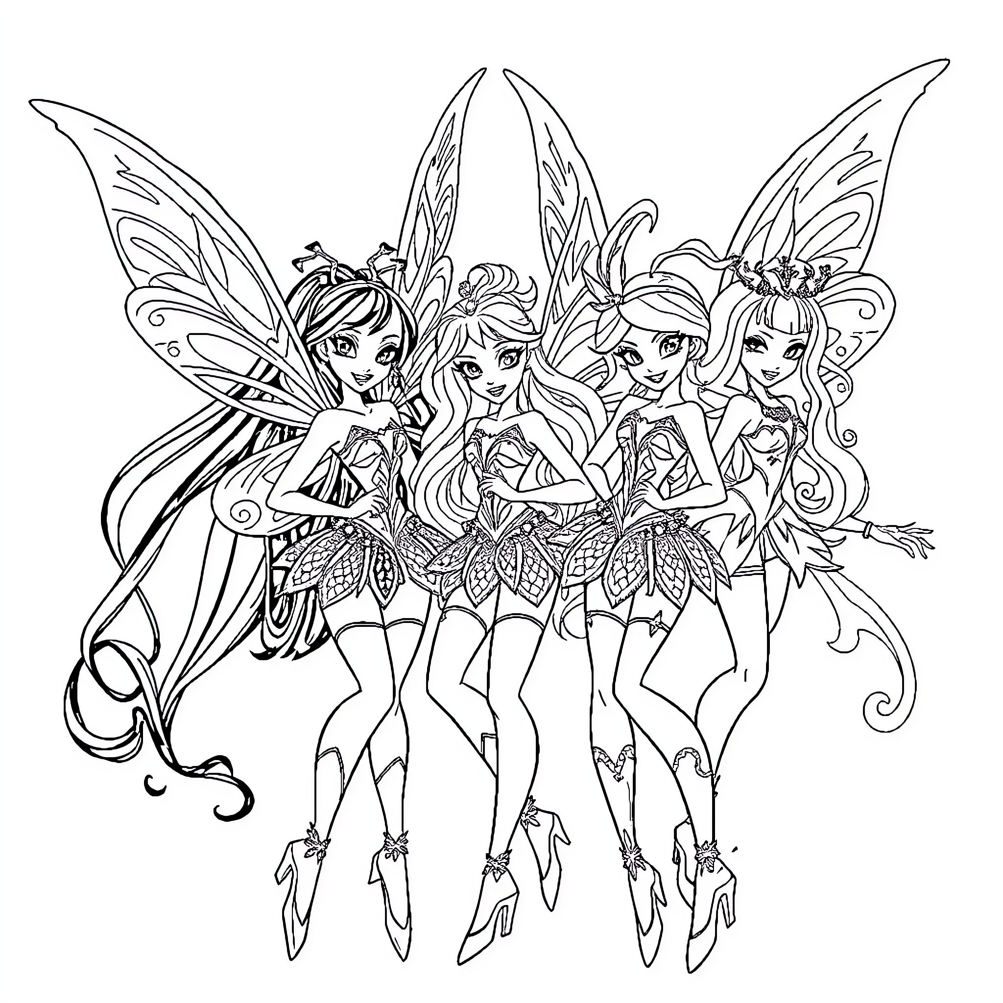 Winx Fairies in Enchanting Poses Coloring Page (free black-and-white line drawing printable PDF for all, from beginners to advanced learners, including children, teens, adults, and seniors)