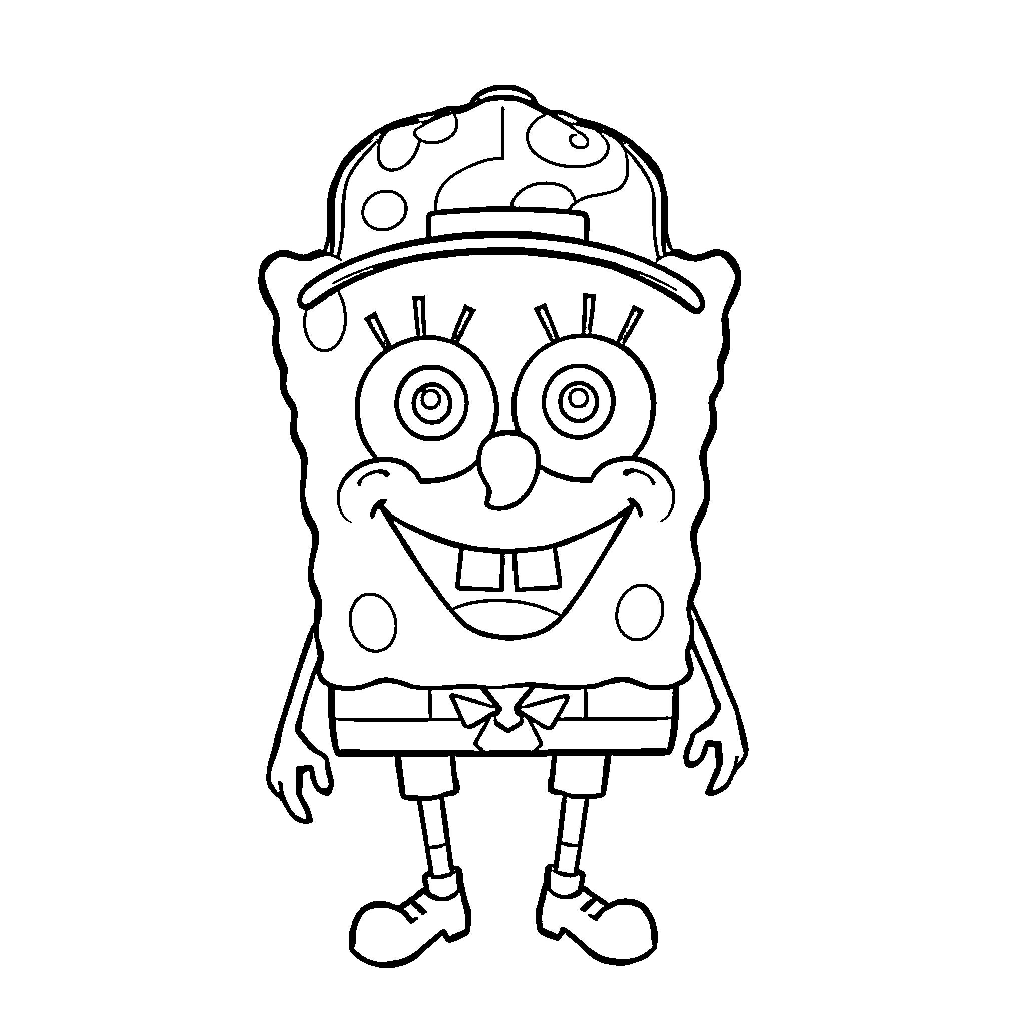 Spongebob wearing a funny hat and smiling Coloring Page (free black-and-white line drawing printable PDF for all, from beginners to advanced learners, including children, teens, adults, and seniors)
