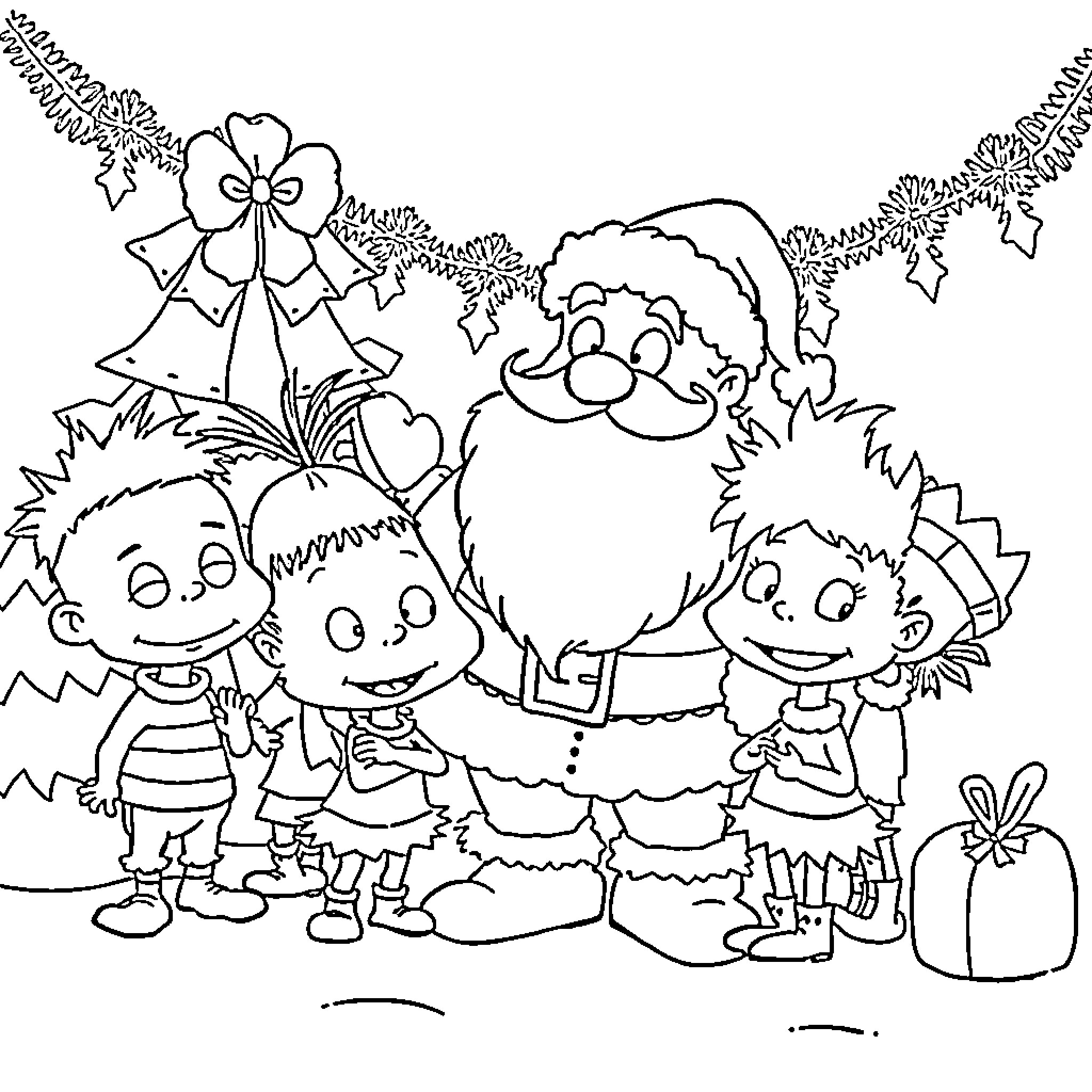 Rugrats Christmas celebration with Santa and friends Coloring Page (free black-and-white line drawing printable PDF for all, from beginners to advanced learners, including children, teens, adults, and seniors)