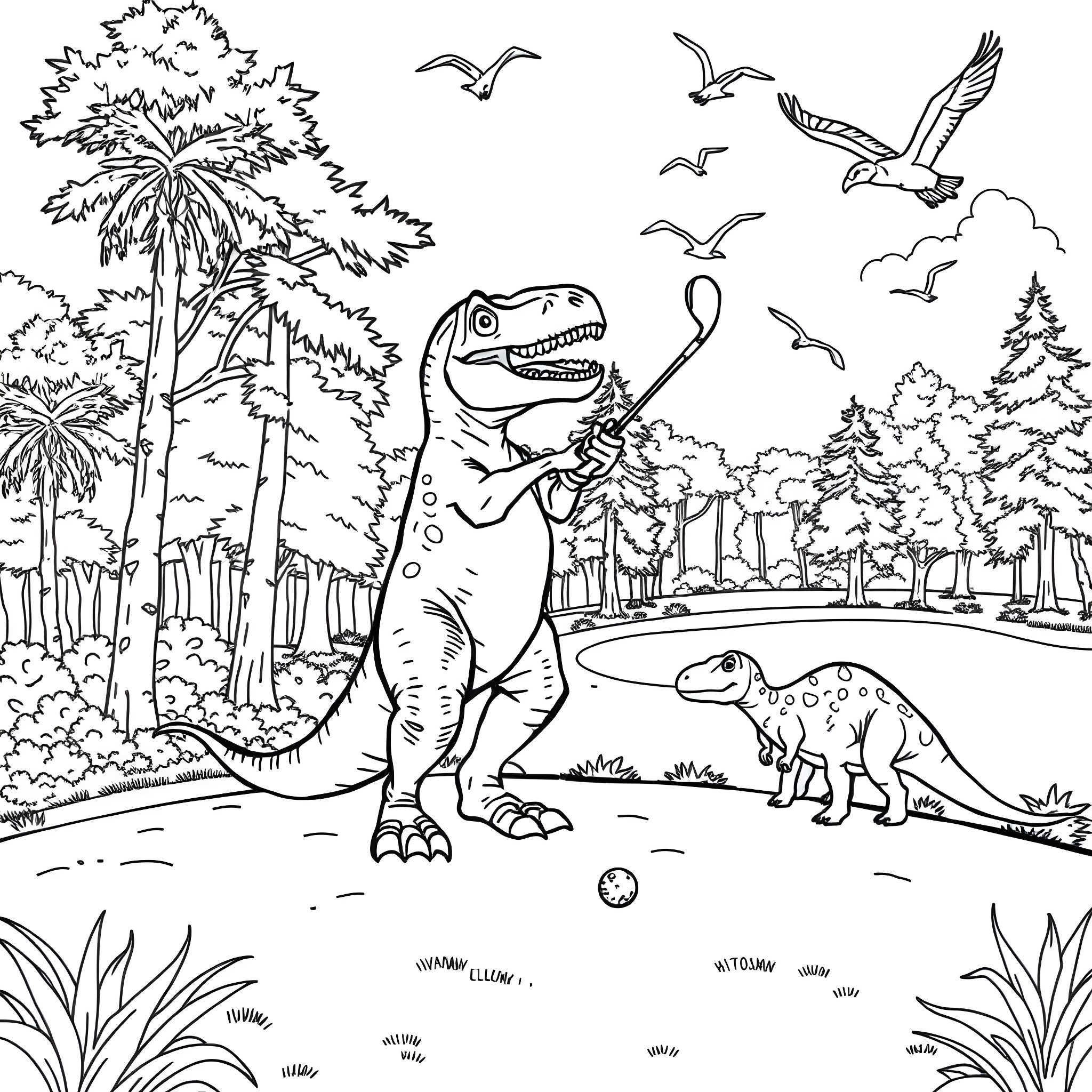T-Rex exploring the prehistoric forest Coloring Page (free black-and-white line drawing printable PDF for all, from beginners to advanced learners, including children, teens, adults, and seniors)