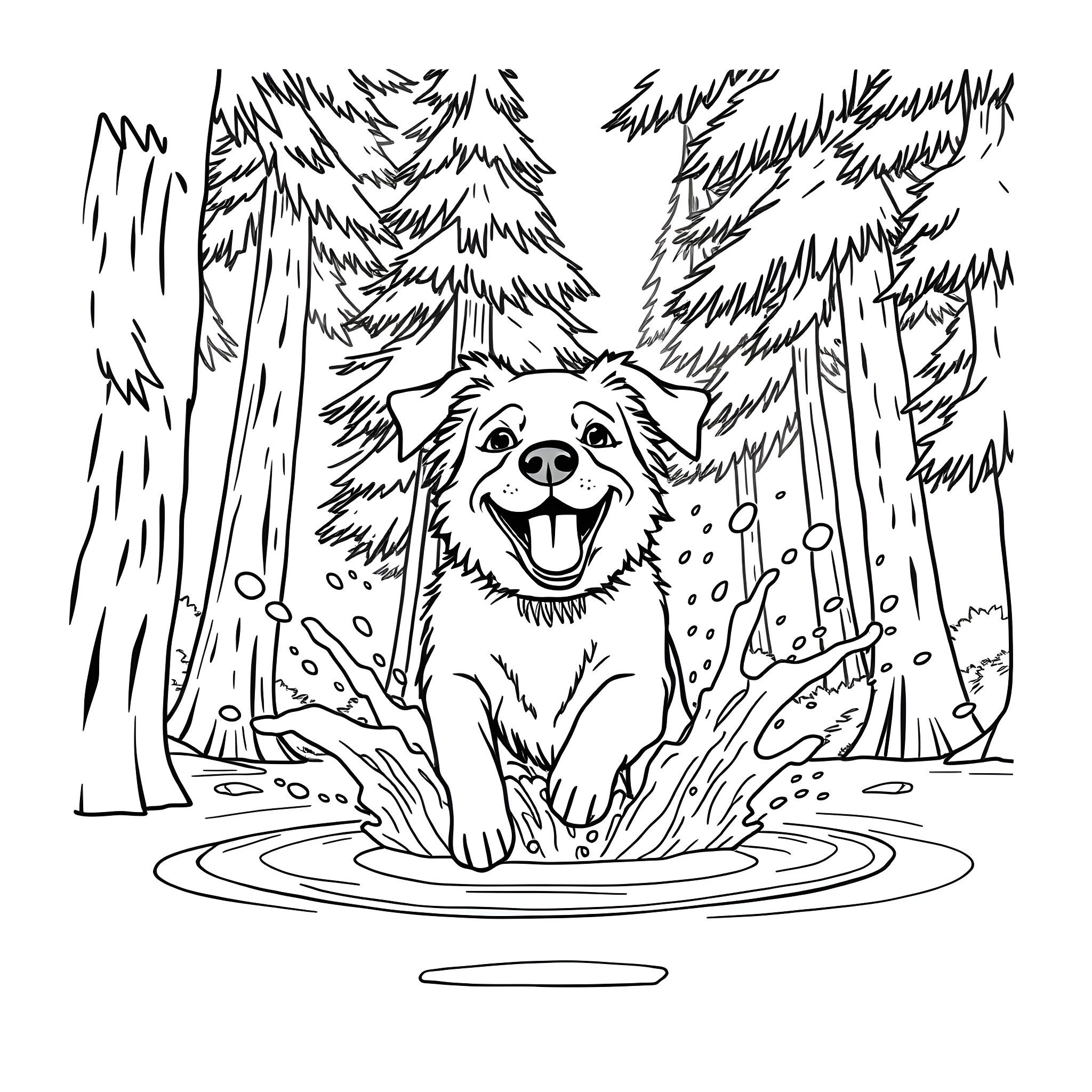 Dog splashing happily in the forest pond Coloring Page (free black-and-white line drawing printable PDF for all, from beginners to advanced learners, including children, teens, adults, and seniors)