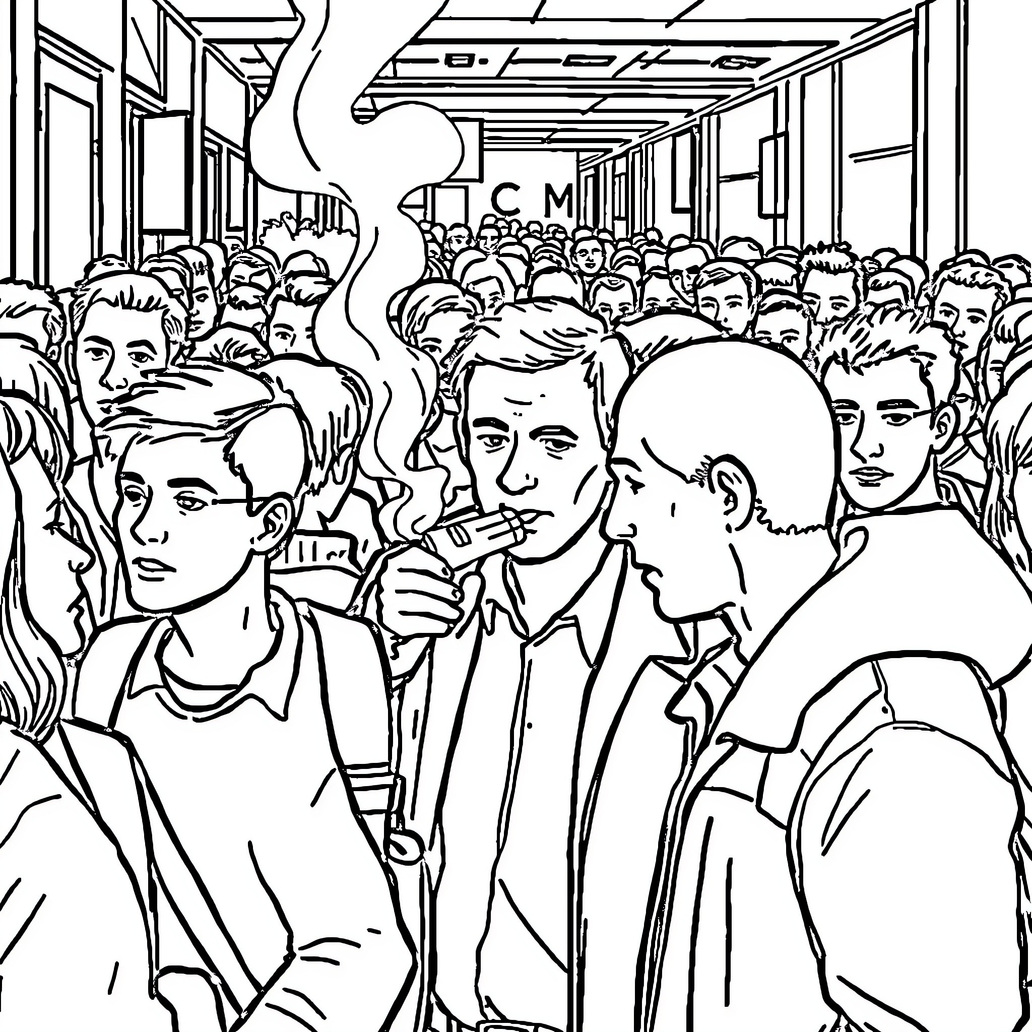 Man in crowded public space with diverse individuals Coloring Page (free black-and-white line drawing printable PDF for all, from beginners to advanced learners, including children, teens, adults, and seniors)