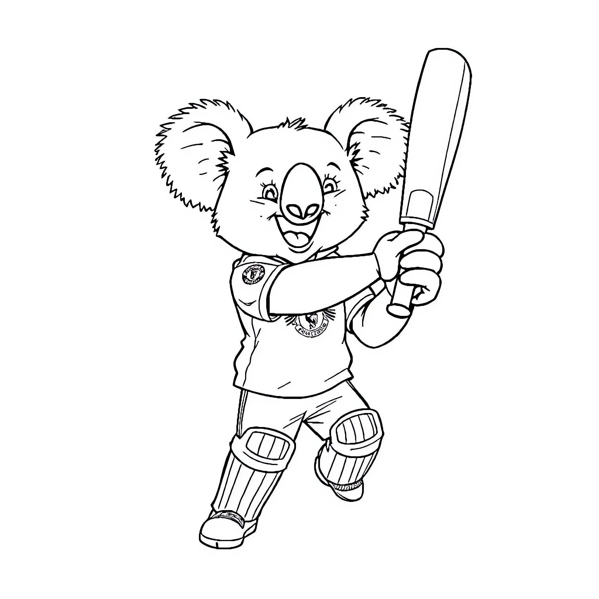 Koala playing cricket with enthusiasm Coloring Page (free black-and-white line drawing printable PDF for all, from beginners to advanced learners, including children, teens, adults, and seniors)