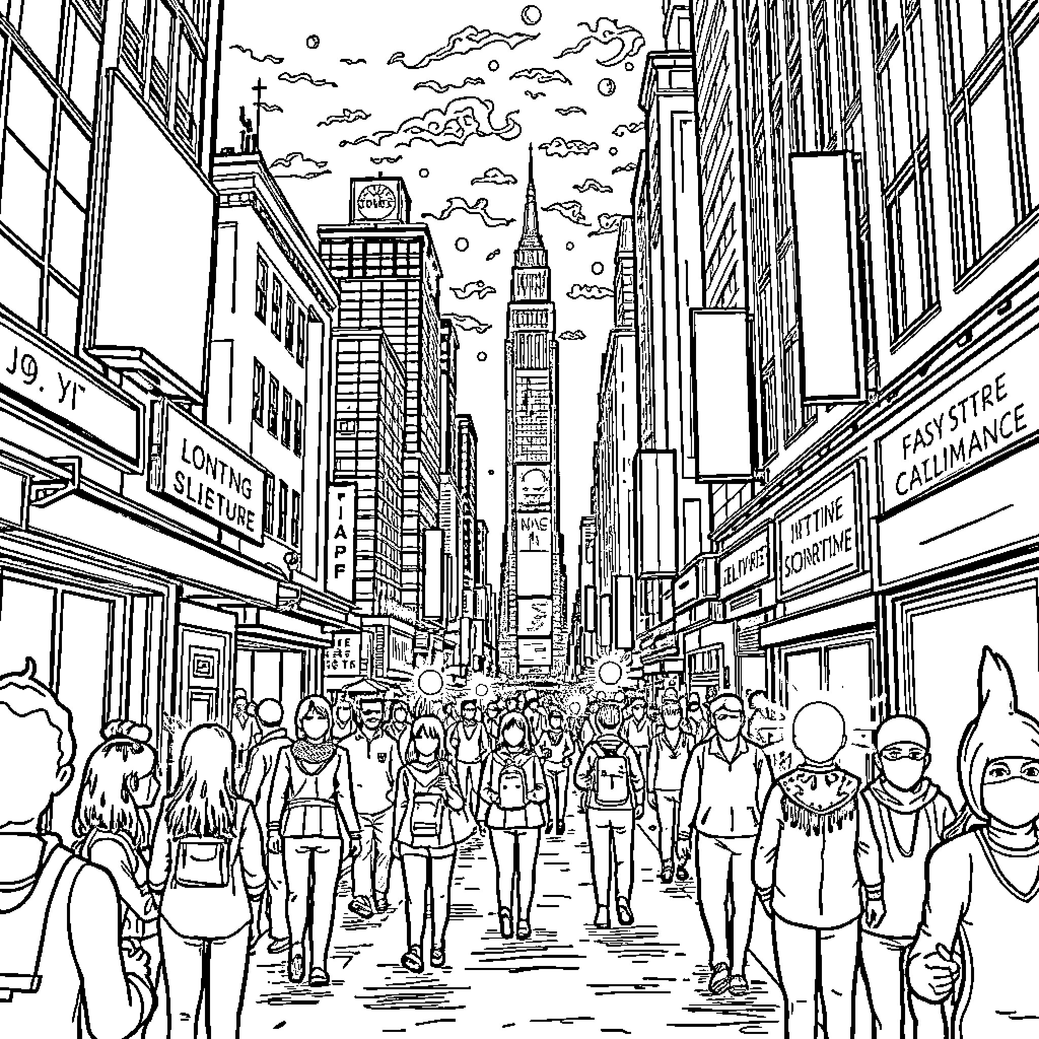Spirit of the Bustling City Streets Coloring Page (free black-and-white line drawing printable PDF for all, from beginners to advanced learners, including children, teens, adults, and seniors)