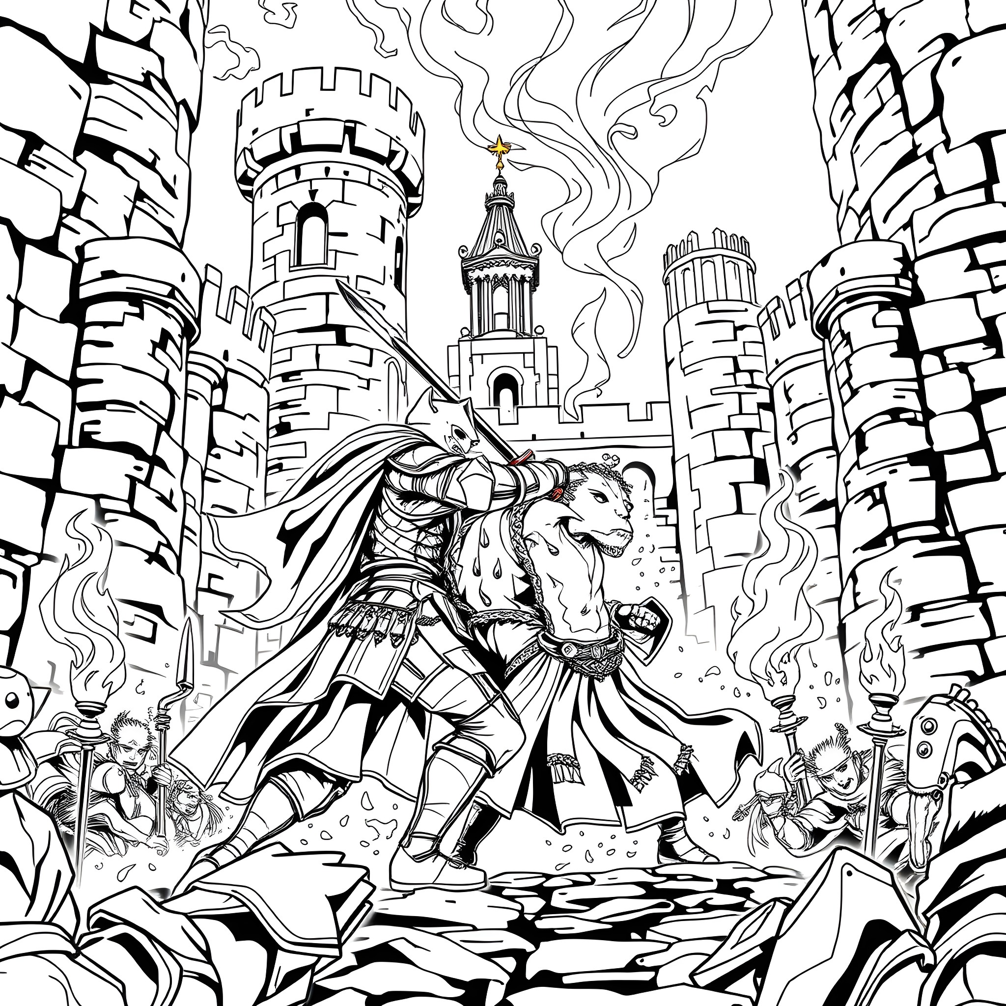 Knight on Horseback Battling Enemies in a Fantastical Castle Coloring Page (free black-and-white line drawing printable PDF for all, from beginners to advanced learners, including children, teens, adults, and seniors)