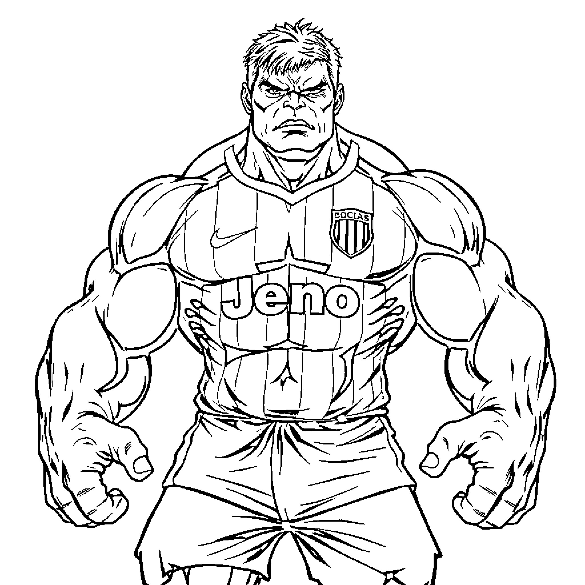 Hulk Fierce Athlete in Sports Uniform Coloring Page (free black-and-white line drawing printable PDF for all, from beginners to advanced learners, including children, teens, adults, and seniors)