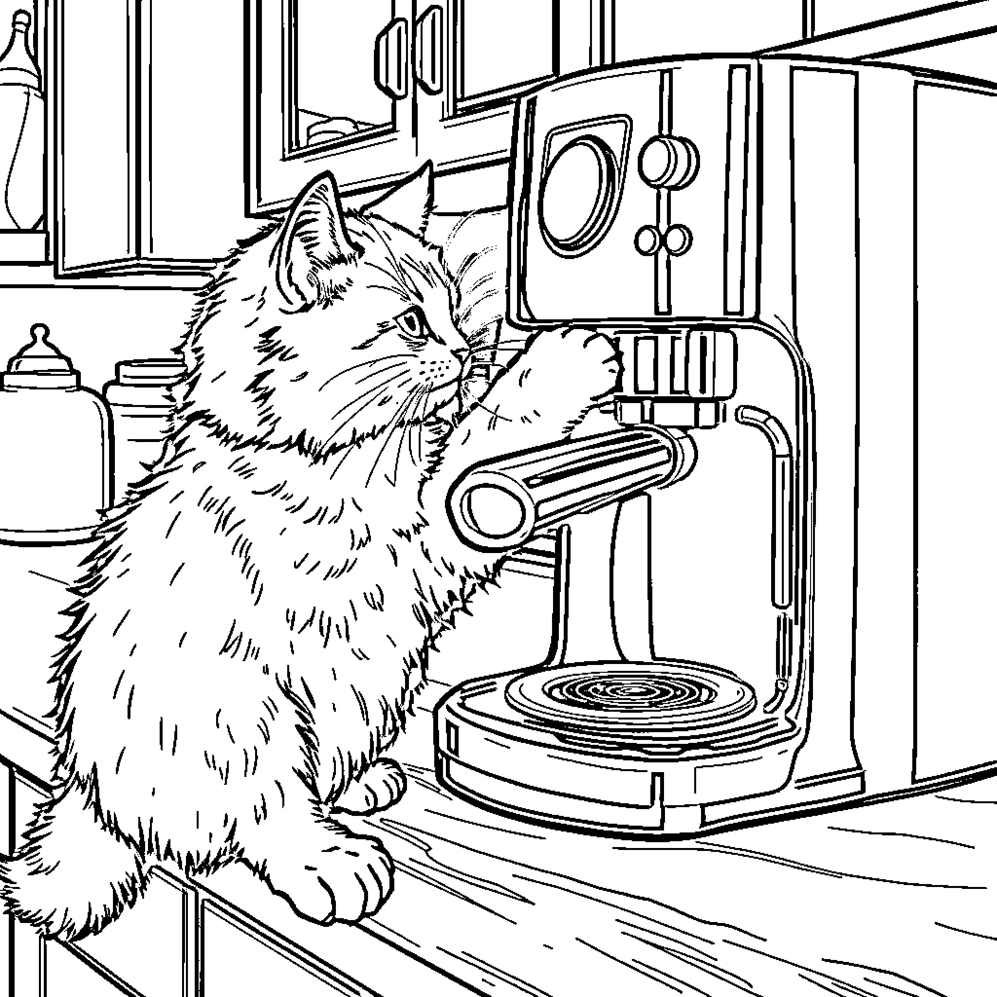 Cat operating coffee machine in kitchen Coloring Page (free black-and-white line drawing printable PDF for all, from beginners to advanced learners, including children, teens, adults, and seniors)