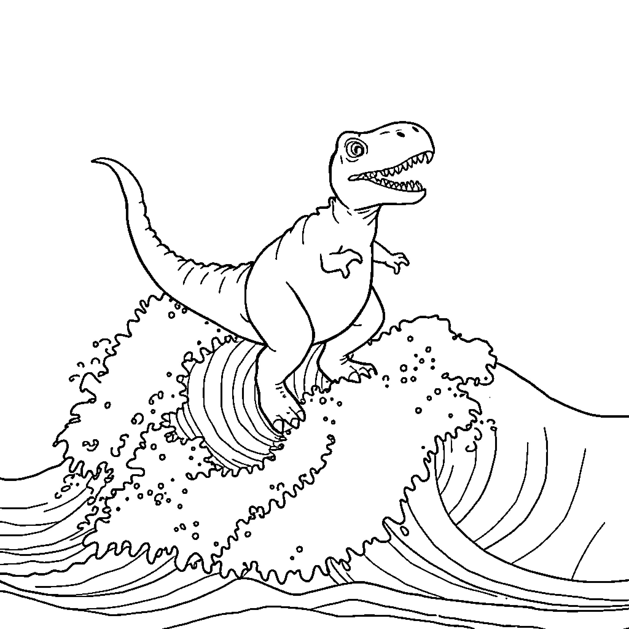 Dinosaur riding a giant wave Coloring Page (free black-and-white line drawing printable PDF for all, from beginners to advanced learners, including children, teens, adults, and seniors)