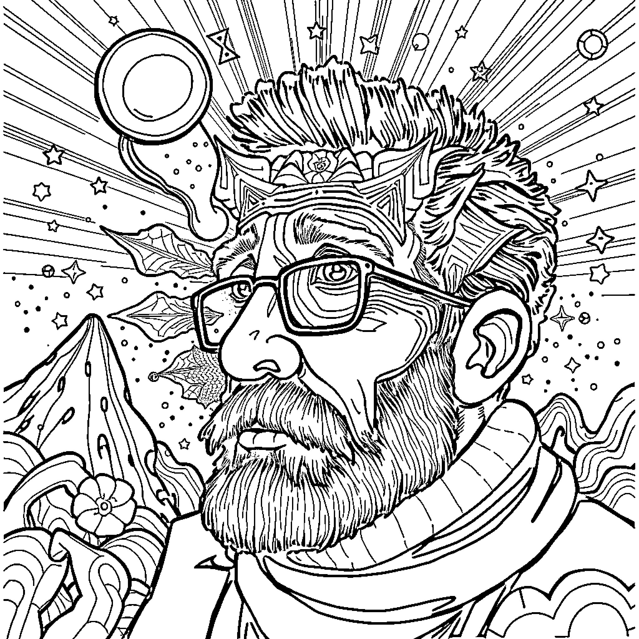 Thinker in a Psychedelic Dreamscape Coloring Page (free black-and-white line drawing printable PDF for all, from beginners to advanced learners, including children, teens, adults, and seniors)