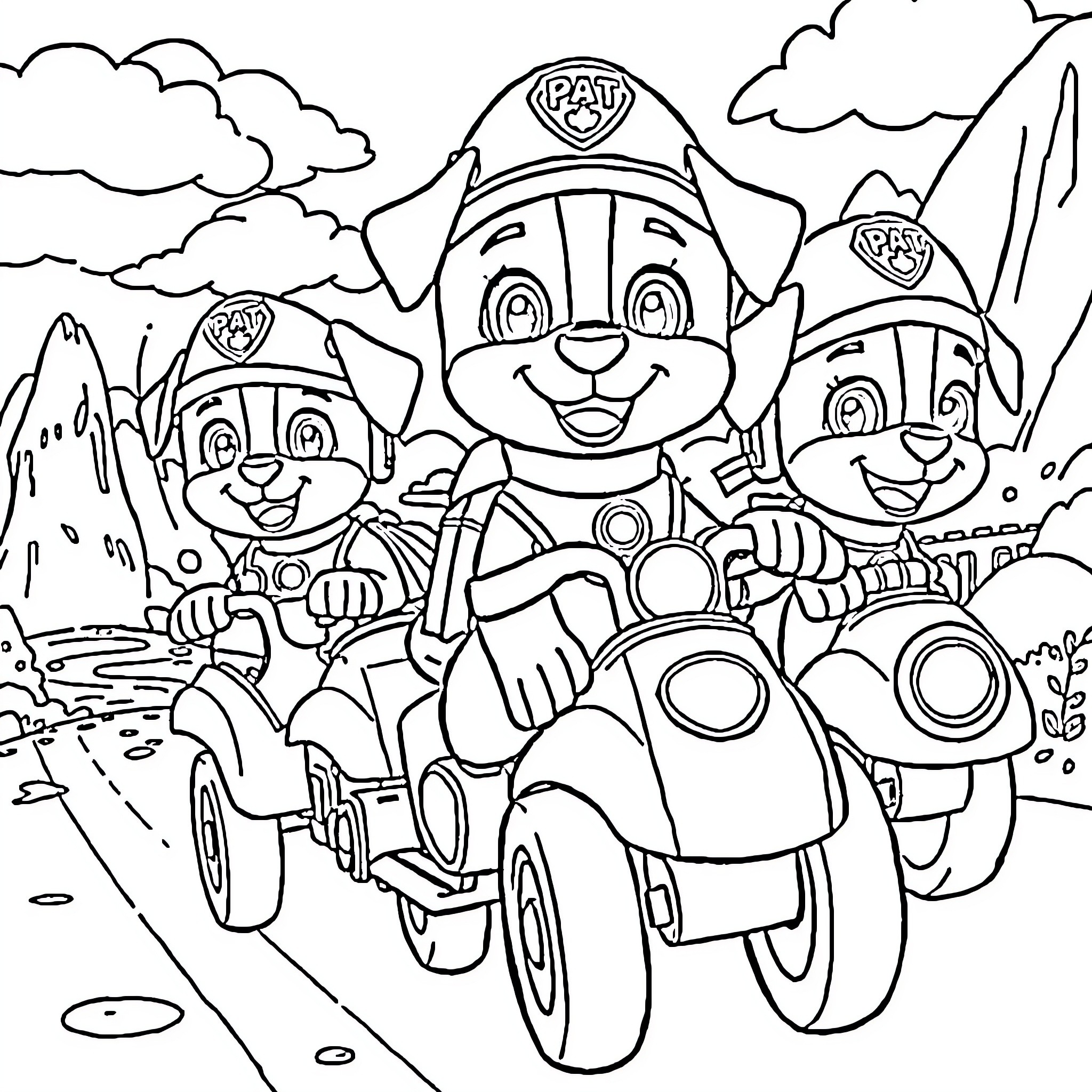Paw Patrol Rescuers Ride Happily on Scooters Coloring Page (free black-and-white line drawing printable PDF for all, from beginners to advanced learners, including children, teens, adults, and seniors)
