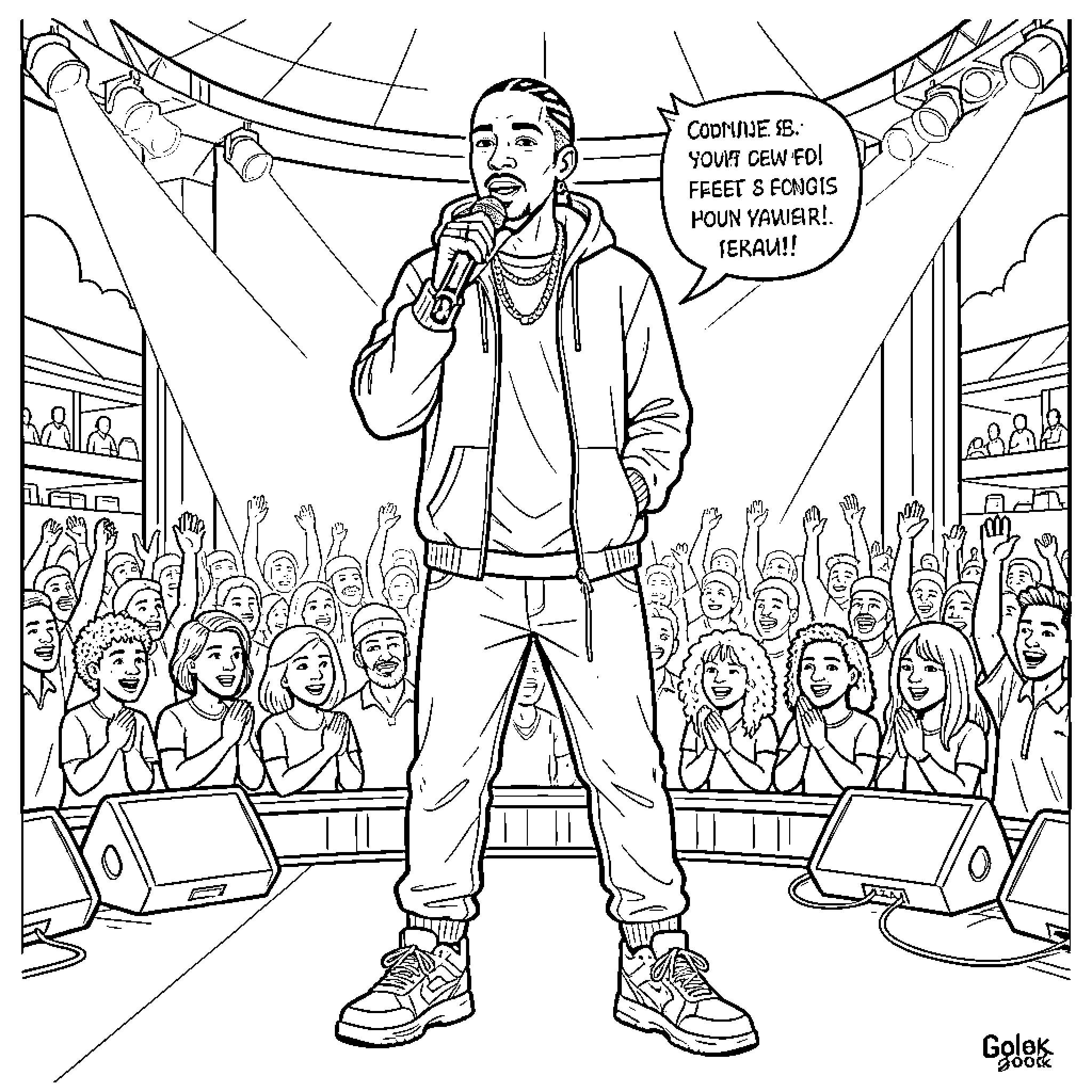2pac performing on stage holding a microphone Coloring Page (free black-and-white line drawing printable PDF for all, from beginners to advanced learners, including children, teens, adults, and seniors)