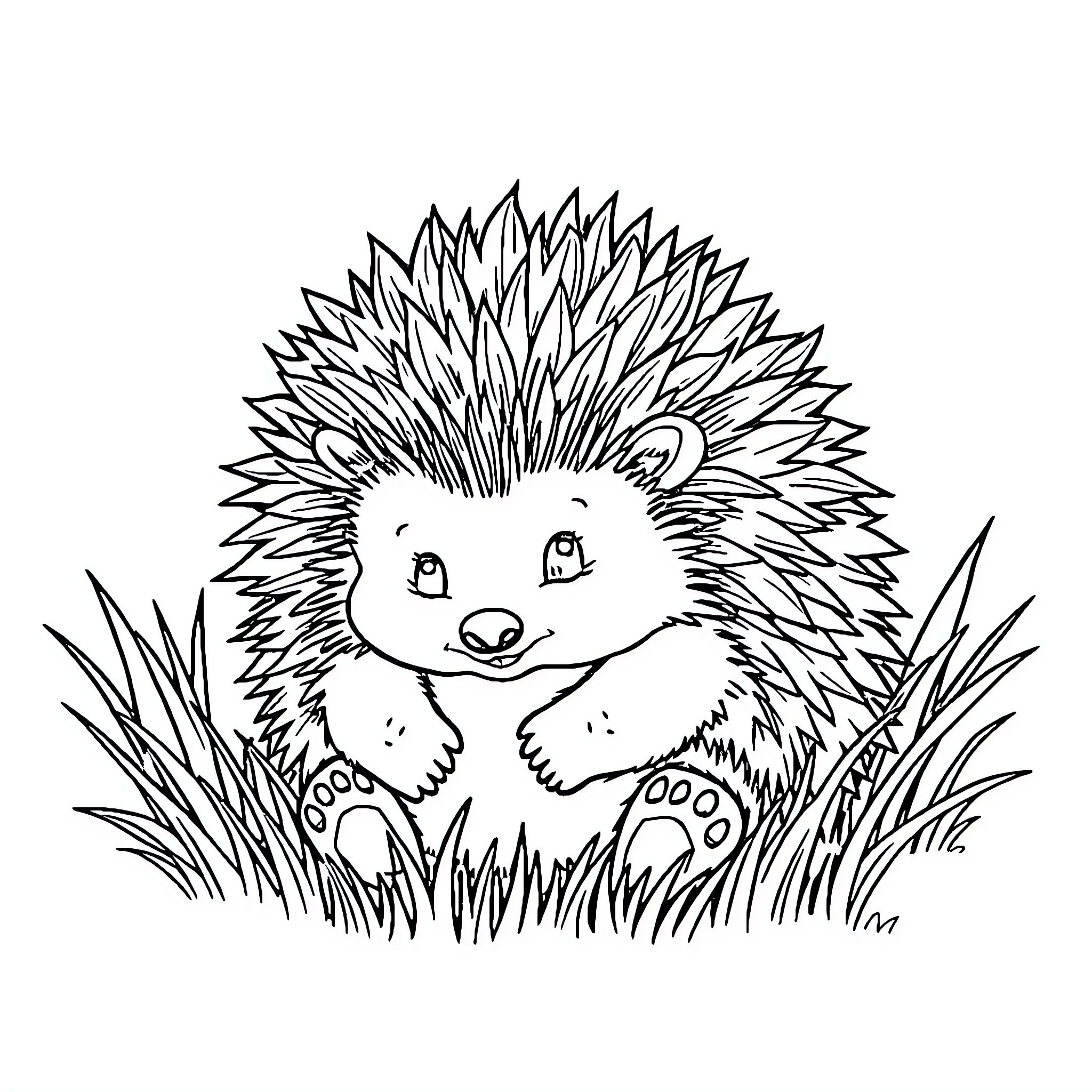 Hedgehog happily sitting in the grass Coloring Page (free black-and-white line drawing printable PDF for all, from beginners to advanced learners, including children, teens, adults, and seniors)