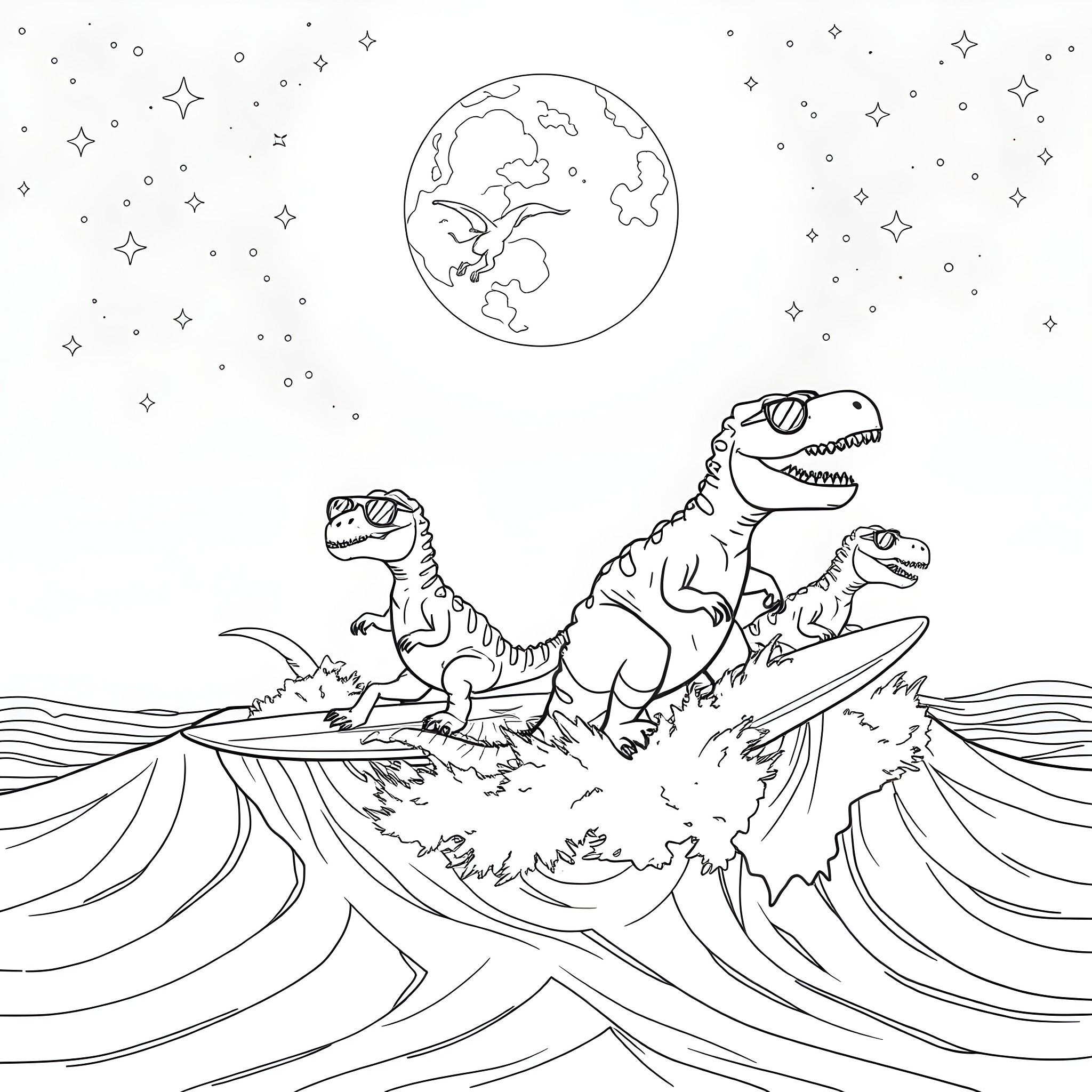 Dinosaur Trio Frolicking in Waves Under the Stars Coloring Page (free black-and-white line drawing printable PDF for all, from beginners to advanced learners, including children, teens, adults, and seniors)