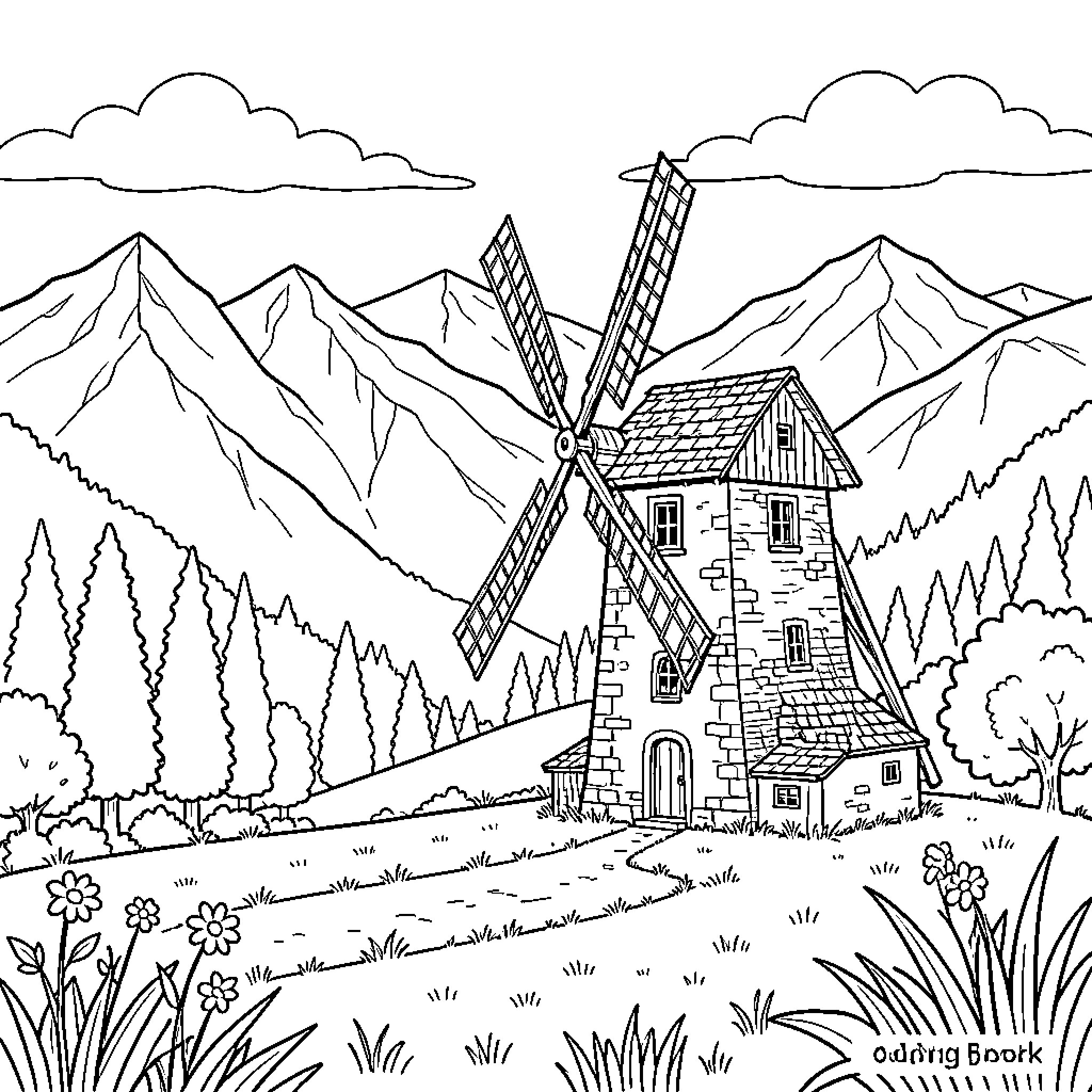 Windmill standing tall amidst mountains and forest Coloring Page (free black-and-white line drawing printable PDF for all, from beginners to advanced learners, including children, teens, adults, and seniors)