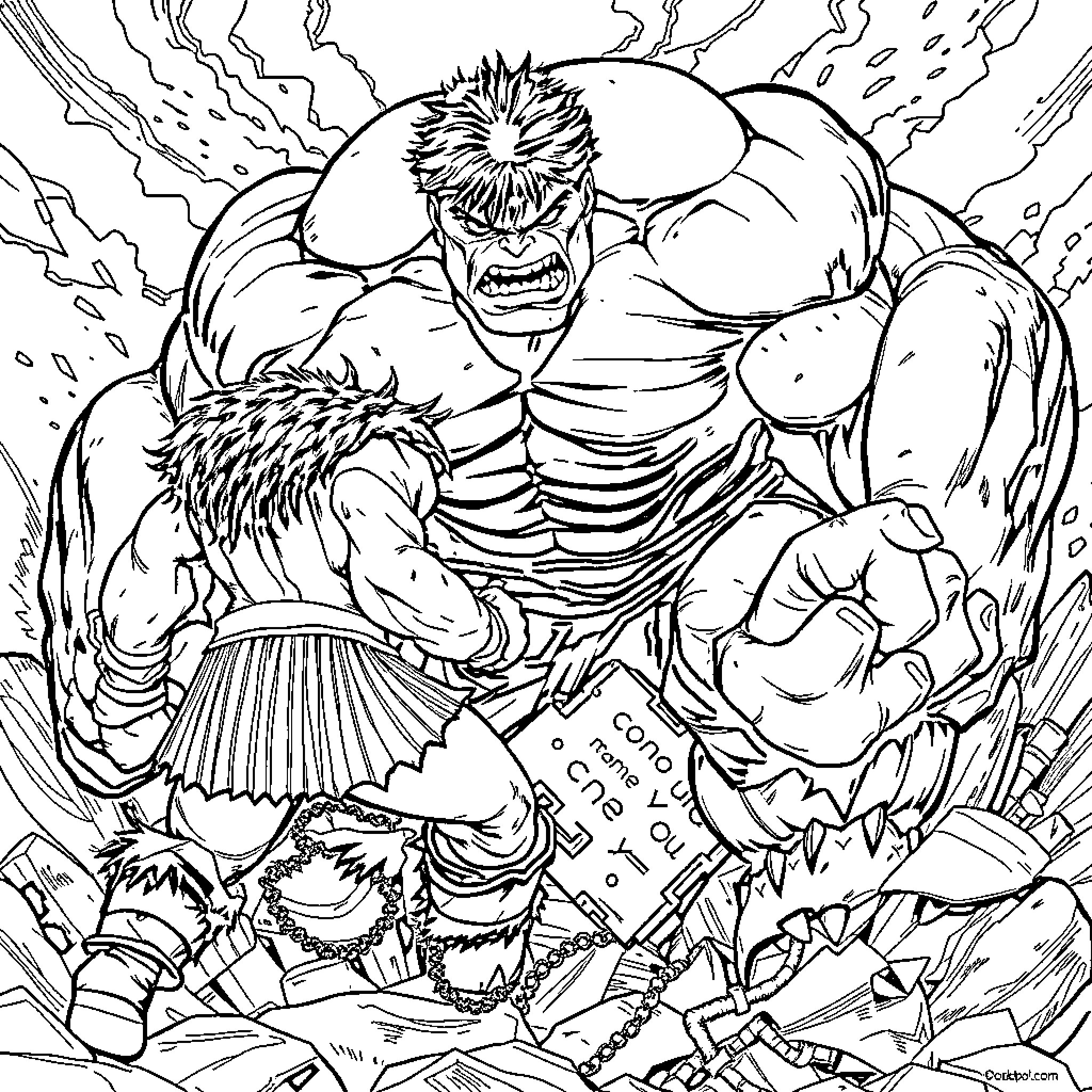 Tohr: Powerful Warrior Emerges from Chaos Coloring Page (free black-and-white line drawing printable PDF for all, from beginners to advanced learners, including children, teens, adults, and seniors)