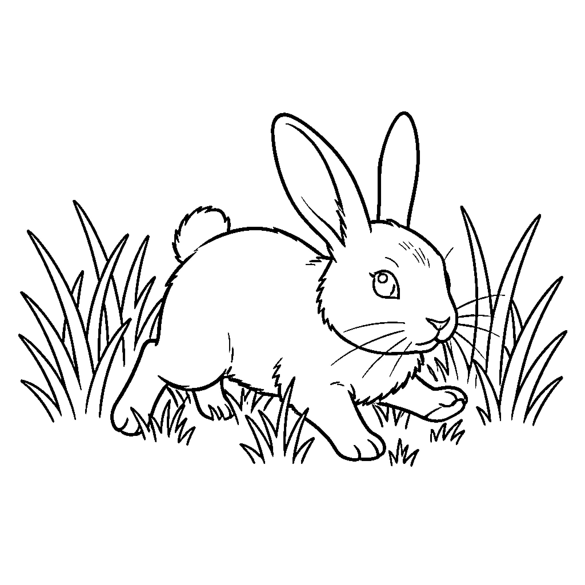 Rabbit hopping through tall blades of grass Coloring Page (free black-and-white line drawing printable PDF for all, from beginners to advanced learners, including children, teens, adults, and seniors)