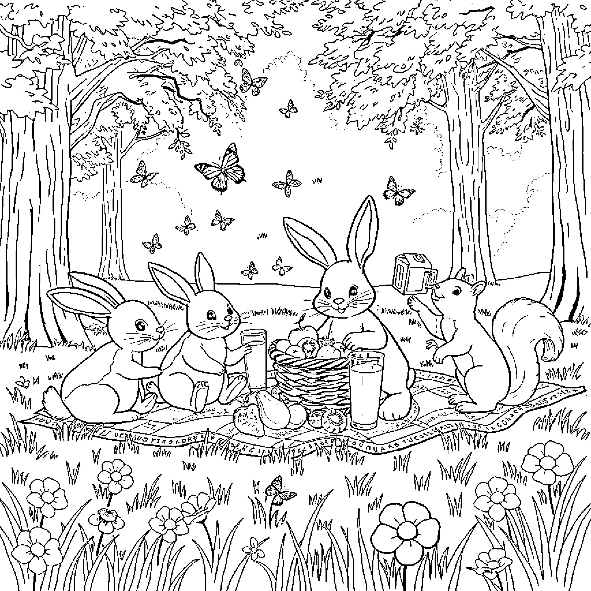 Rabbits enjoying a picnic in the forest Coloring Page (free black-and-white line drawing printable PDF for all, from beginners to advanced learners, including children, teens, adults, and seniors)