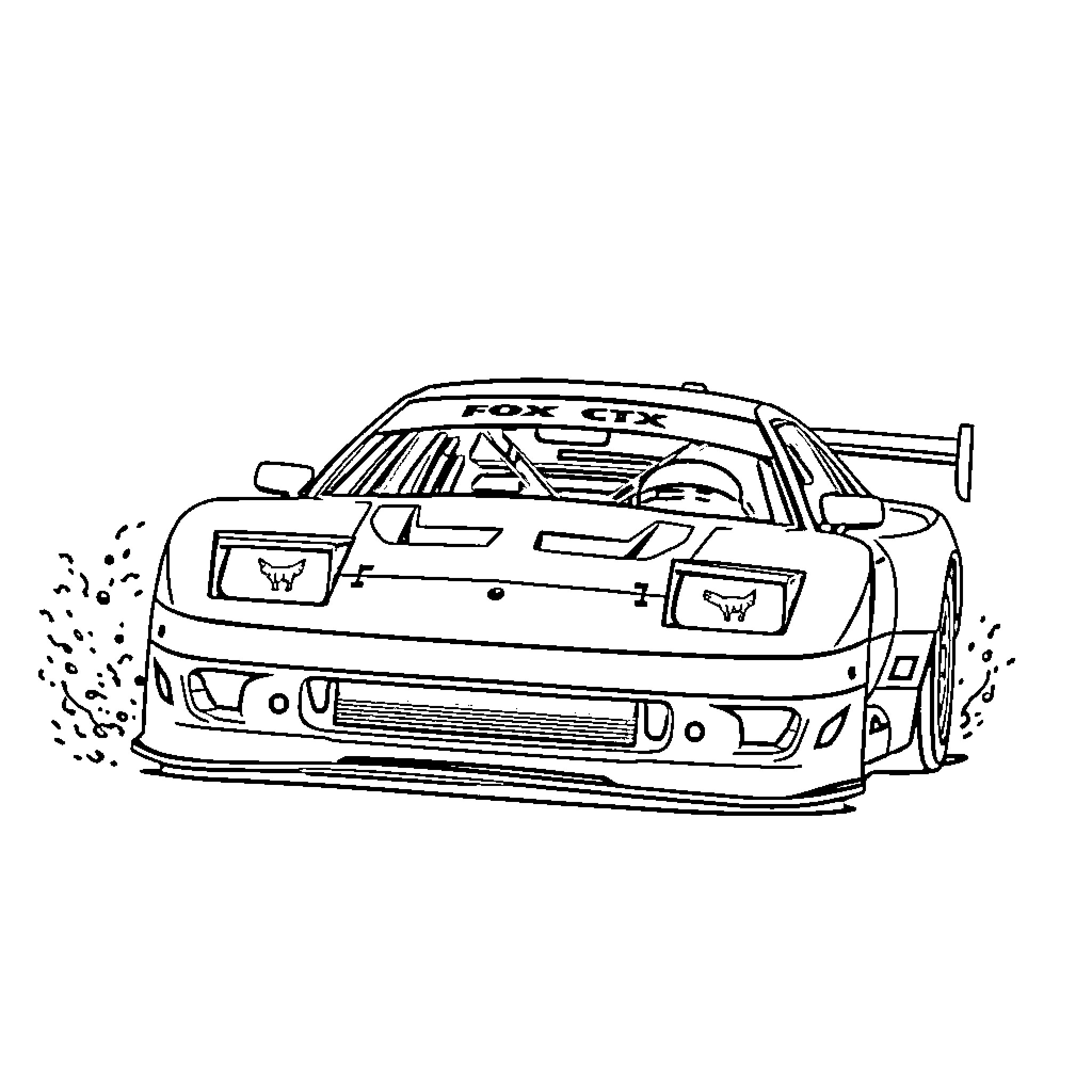 Fox Body Race Car Speeding On The Track Coloring Page (free black-and-white line drawing printable PDF for all, from beginners to advanced learners, including children, teens, adults, and seniors)
