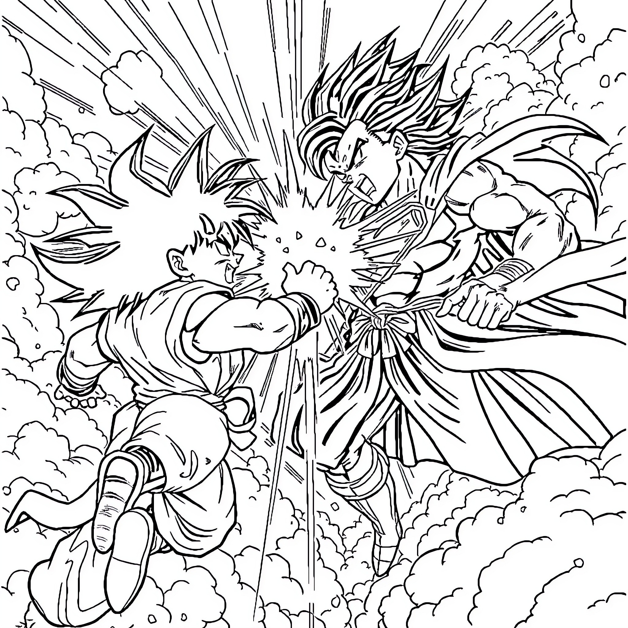 Goku's Explosive Transformation Coloring Page (free black-and-white line drawing printable PDF for all, from beginners to advanced learners, including children, teens, adults, and seniors)