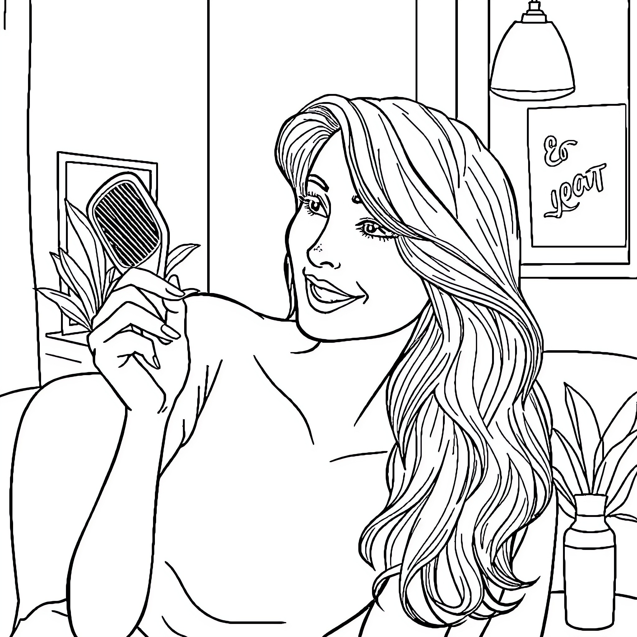 Woman reflecting in the mirror with long hair Coloring Page (free black-and-white line drawing printable PDF for all, from beginners to advanced learners, including children, teens, adults, and seniors)
