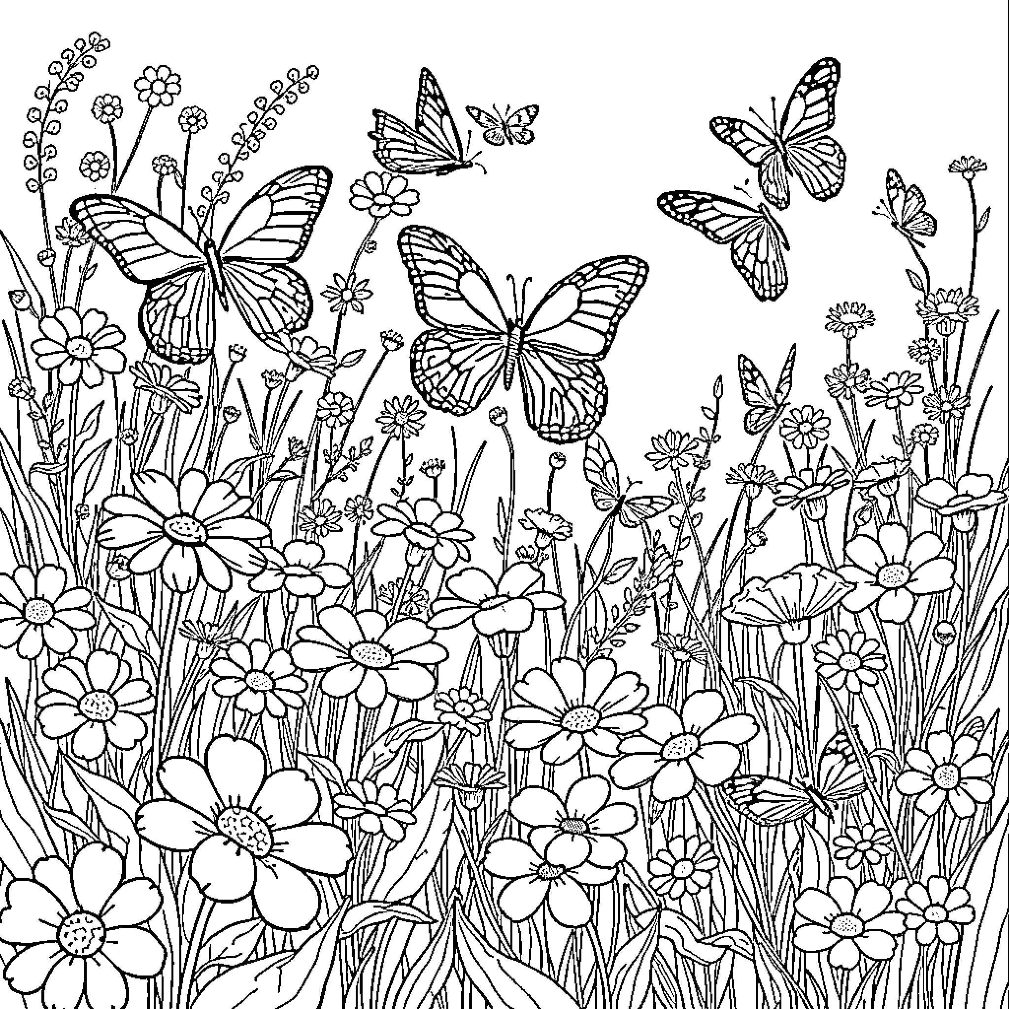Butterfly Garden of Blooming Flowers Coloring Page (free black-and-white line drawing printable PDF for all, from beginners to advanced learners, including children, teens, adults, and seniors)