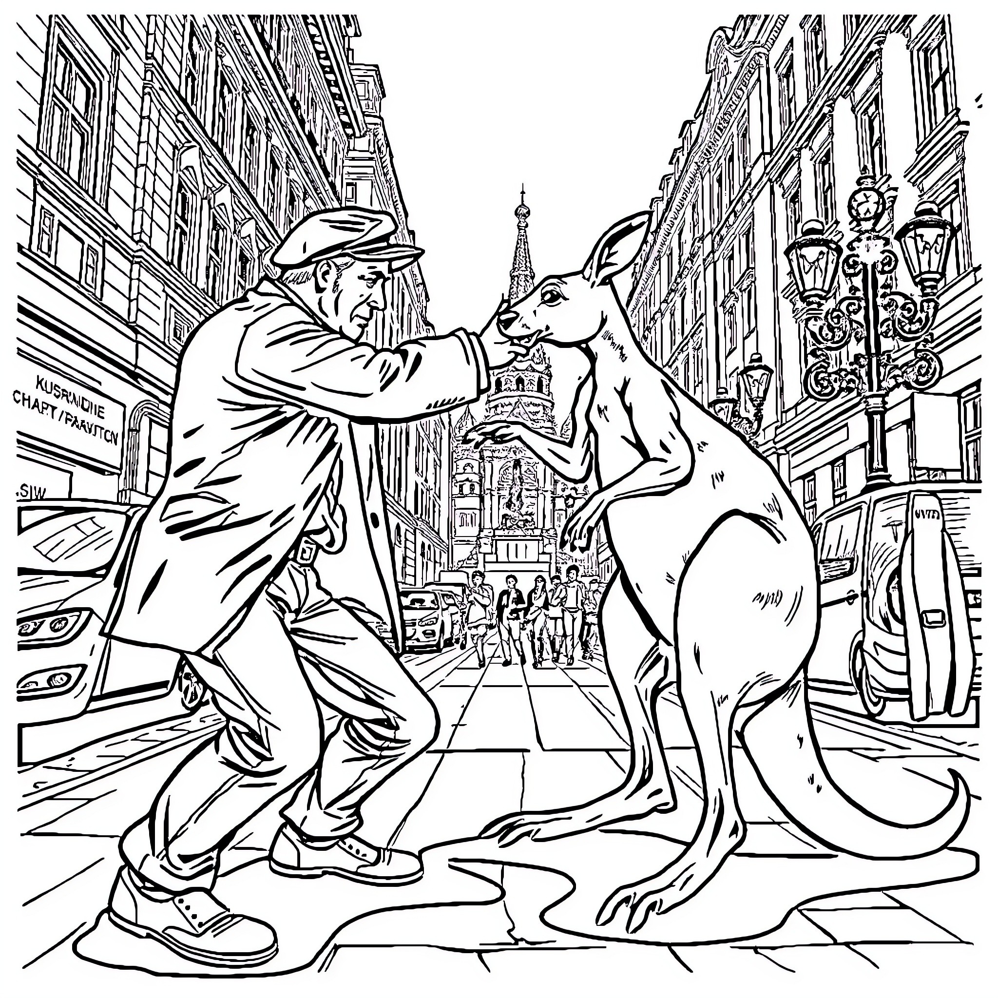 Man interacting with unusual creature on city street Coloring Page (free black-and-white line drawing printable PDF for all, from beginners to advanced learners, including children, teens, adults, and seniors)