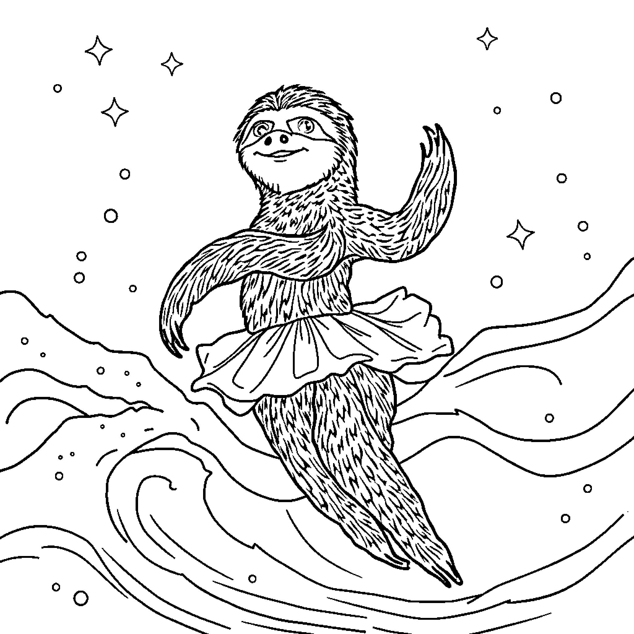 Sloth dancing gracefully in the starry night Coloring Page (free black-and-white line drawing printable PDF for all, from beginners to advanced learners, including children, teens, adults, and seniors)